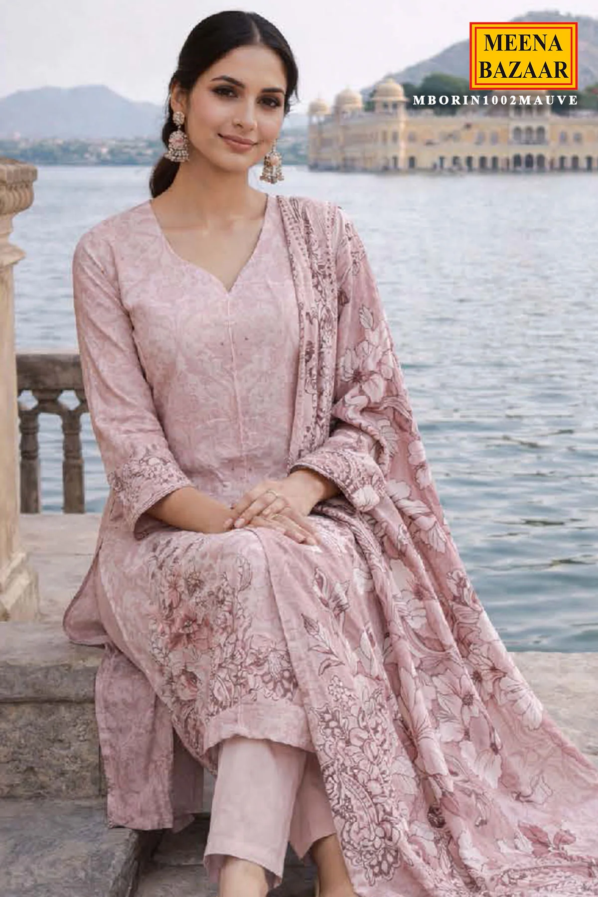 Graceful Mauve Maslin Unstitched Suit with Embroidery Work - Image 4