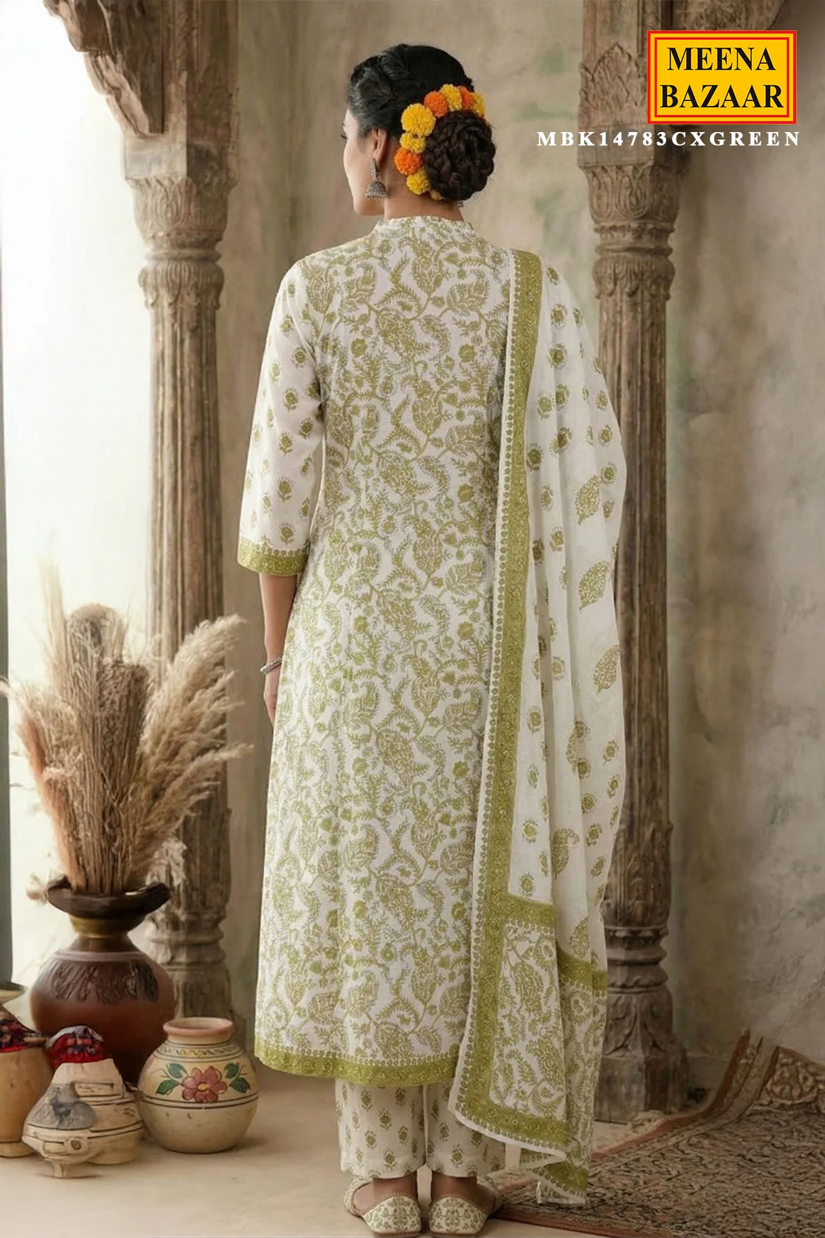 Green Cotton Neck Embroidered ReadyMade Suit - Image 3