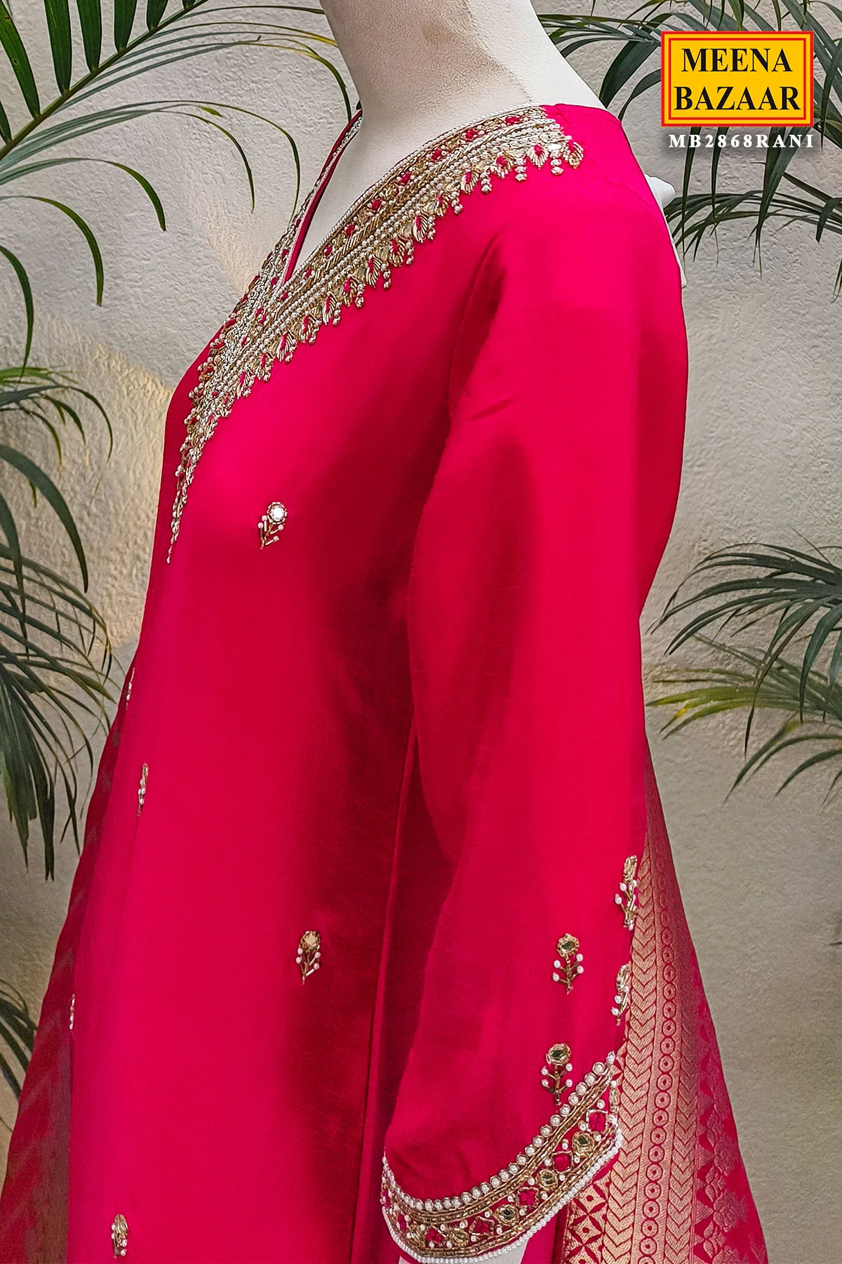Rani Neck Embroidered Silk Readymade Suit Party & Festive Wear - Image 3