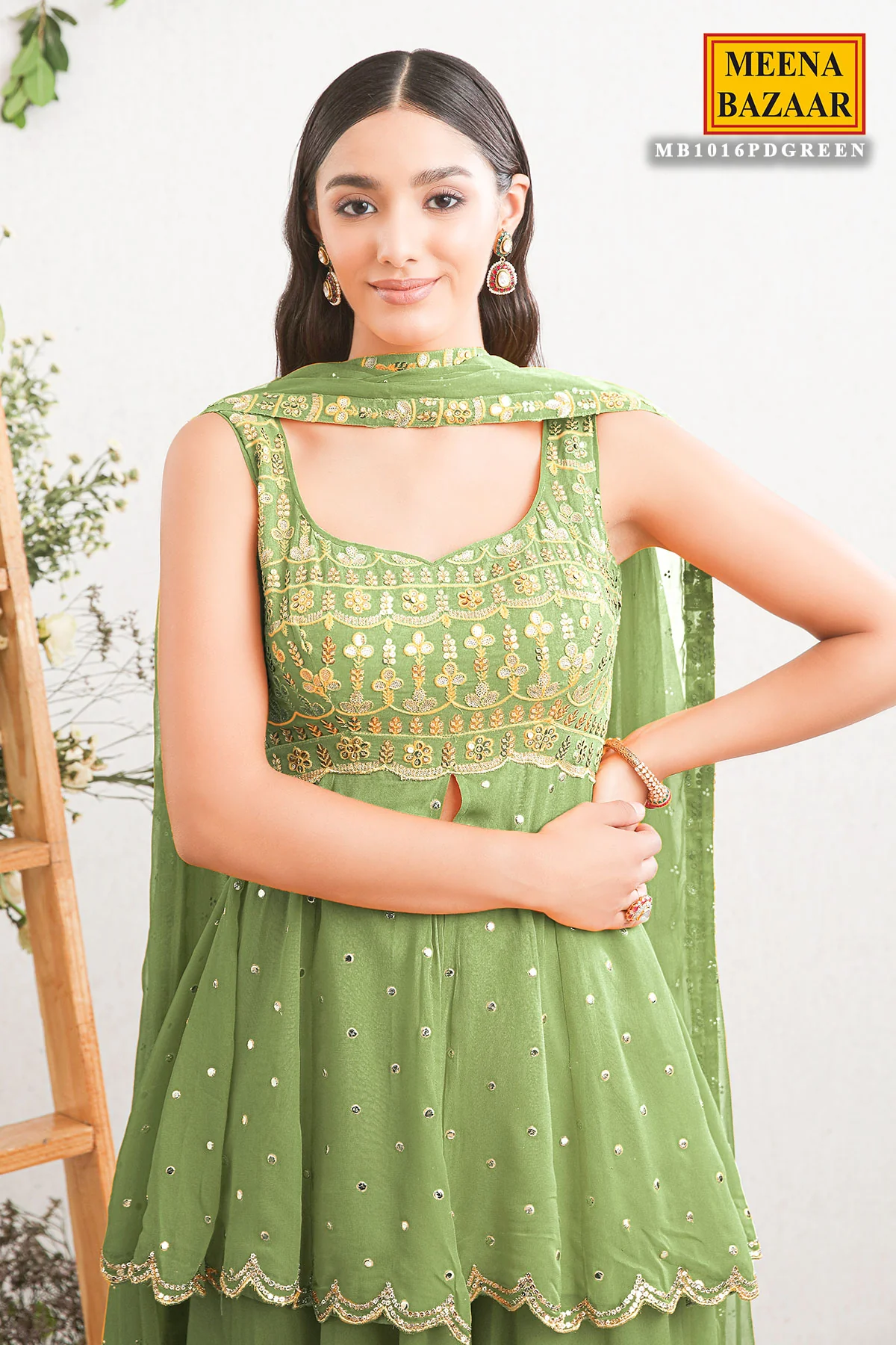 Green Georgette Embroidered Sharara Ready Made Suit - Image 3