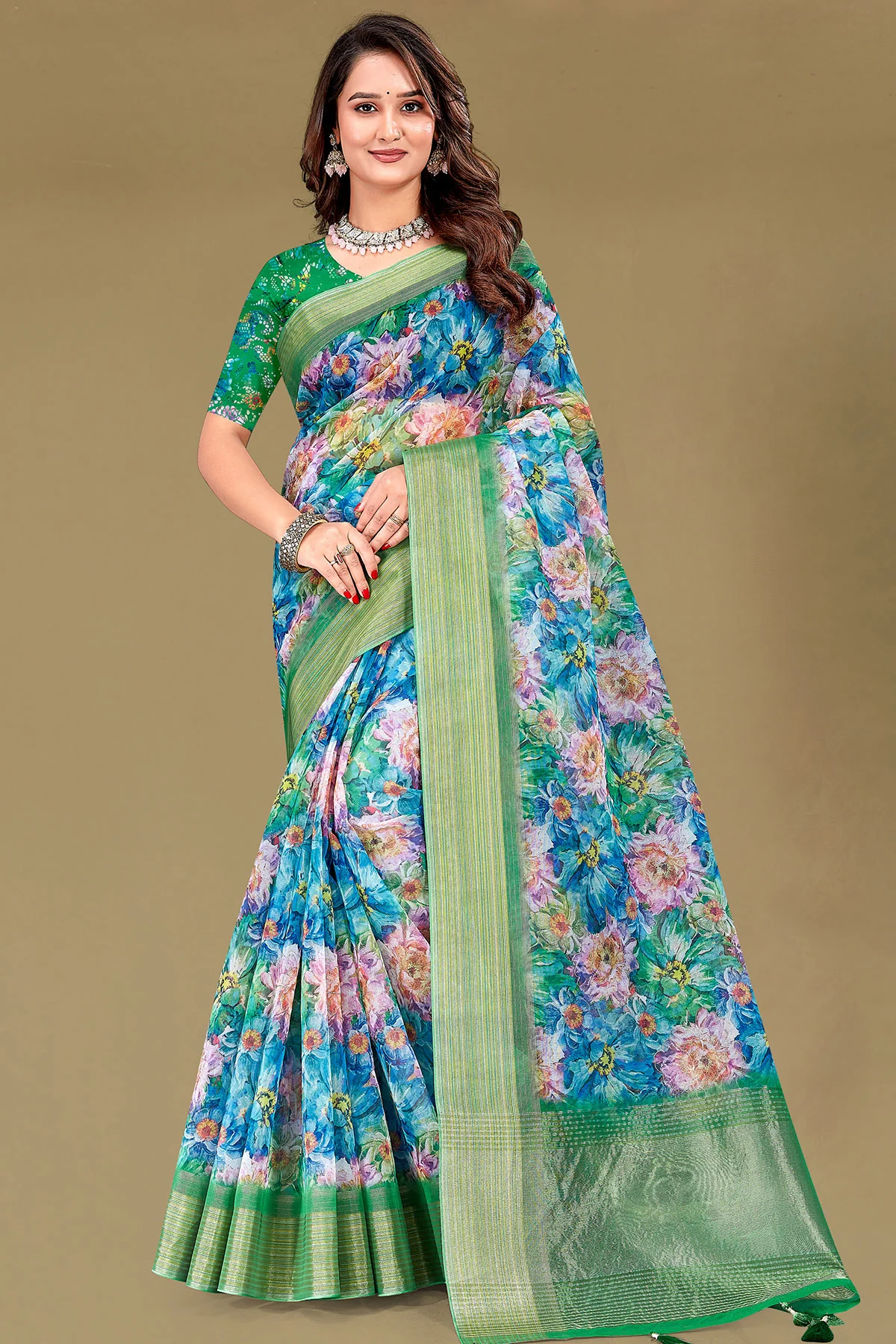 Green Organza Saree with Floral Embroidery & Shimmer Border