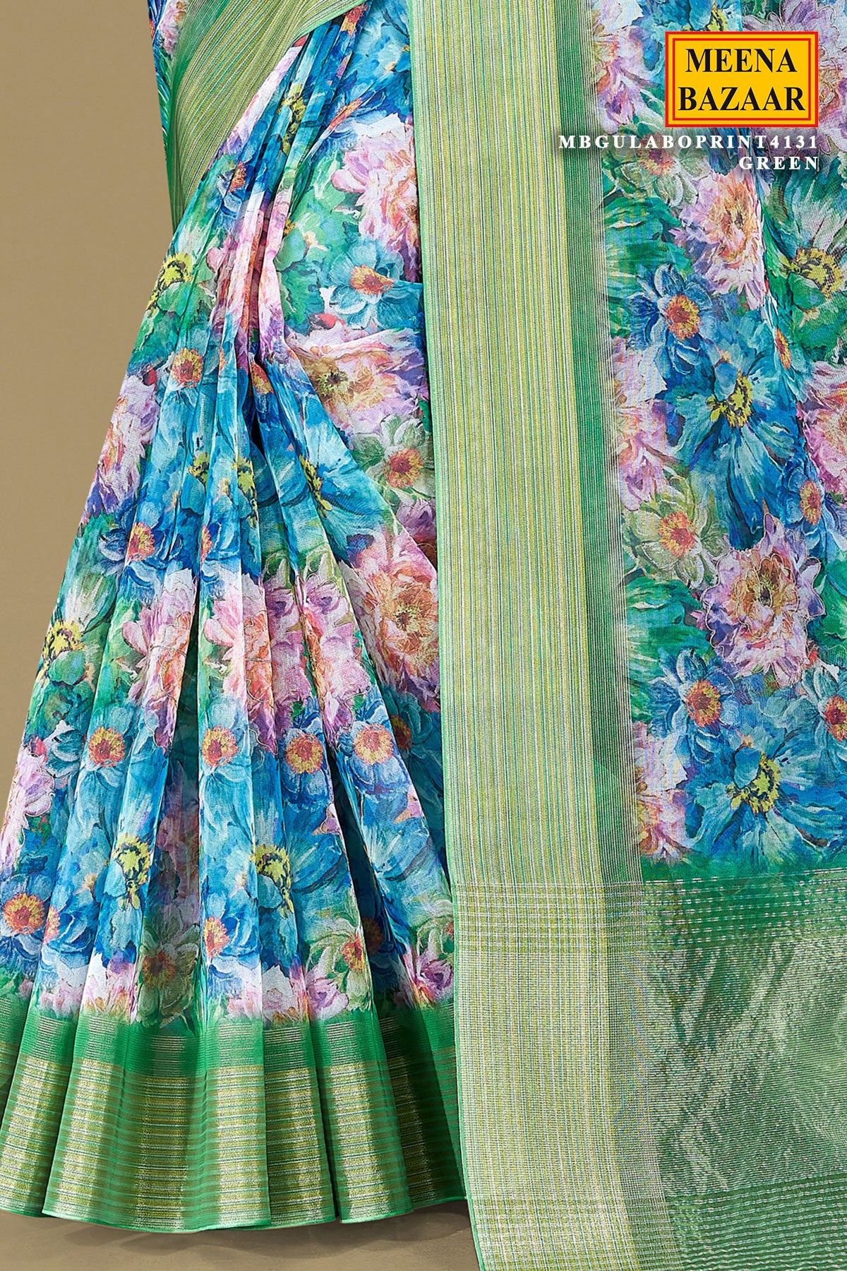 Green Organza Saree with Floral Embroidery & Shimmer Border - Image 3