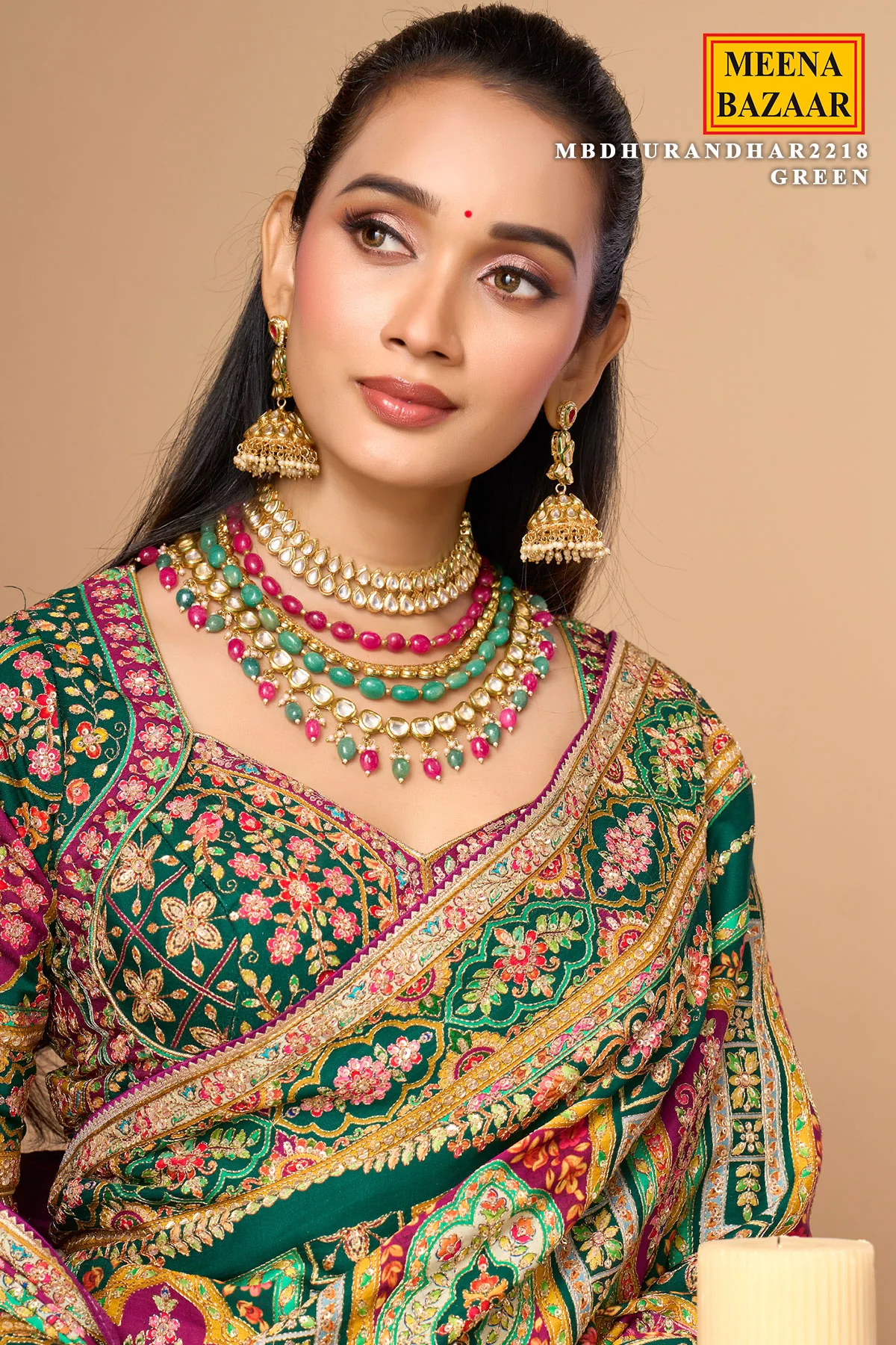 Green Satin Silk Printed Saree with Ready-Made Blouse - Image 2