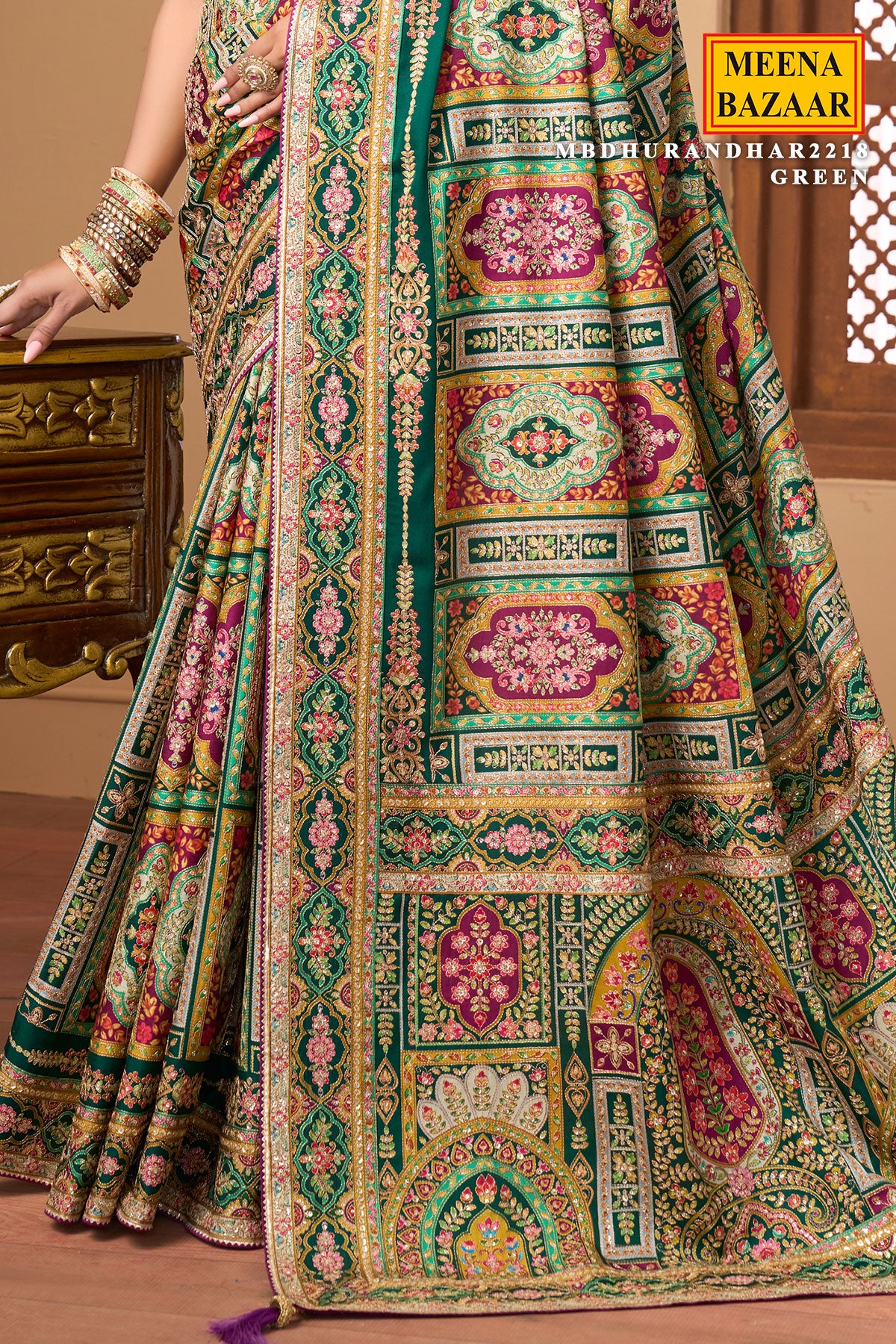 Green Satin Silk Printed Saree with Ready-Made Blouse - Image 3