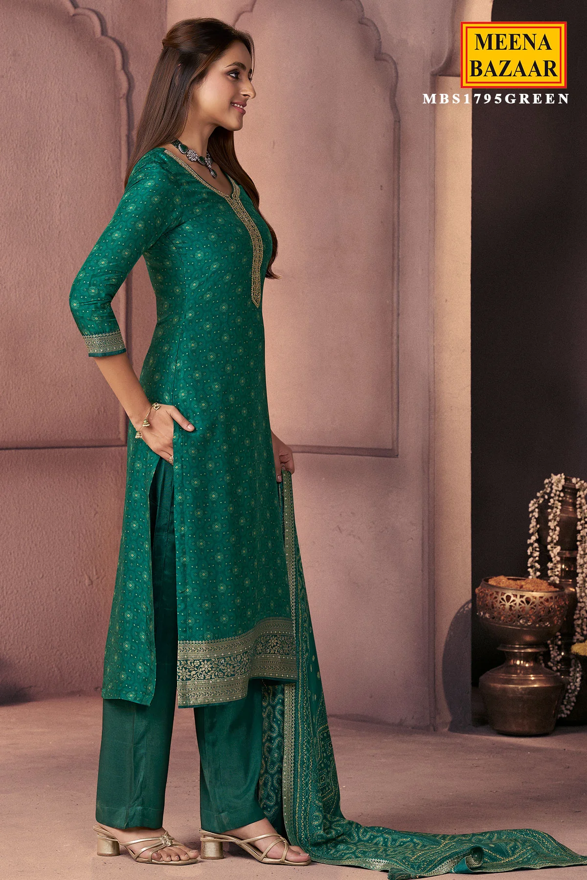Green Silk Ready Made Suit with Neck Embroidery - Image 3
