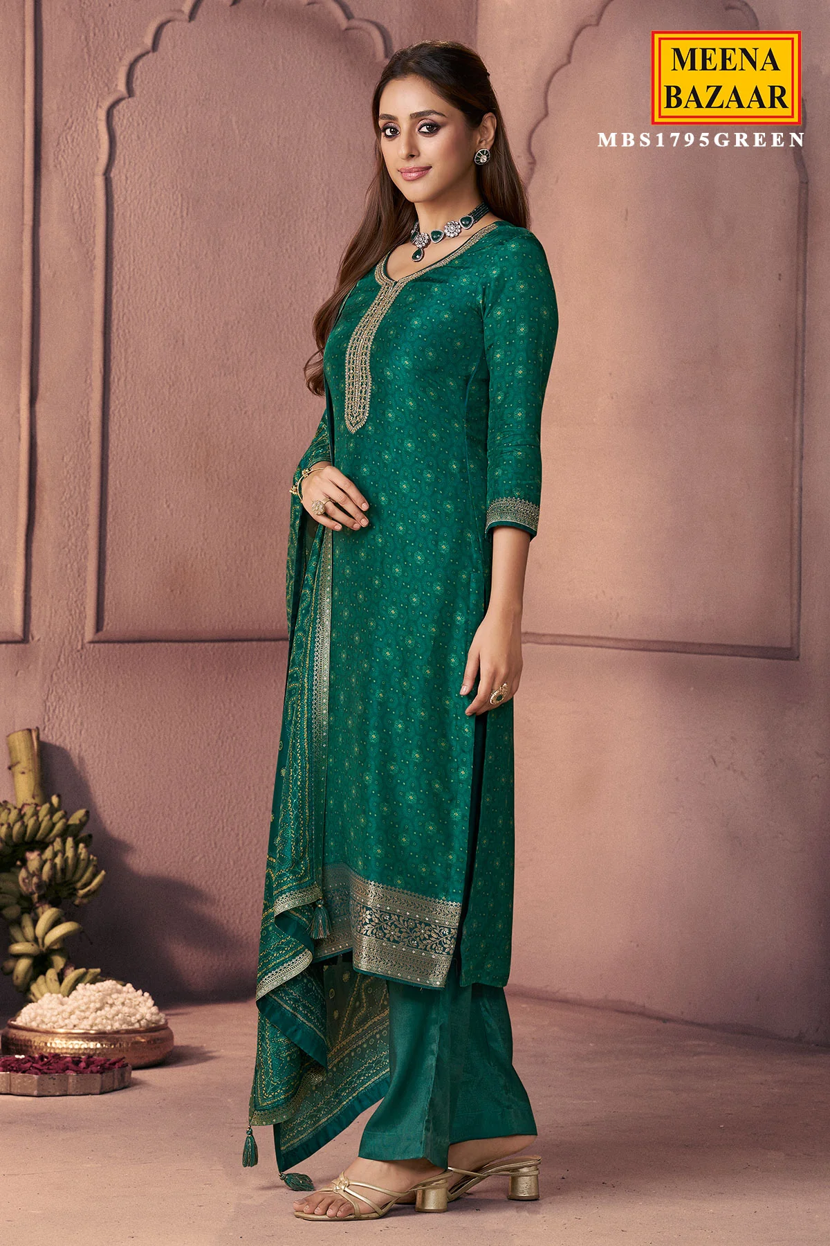 Green Silk Ready Made Suit with Neck Embroidery - Image 4