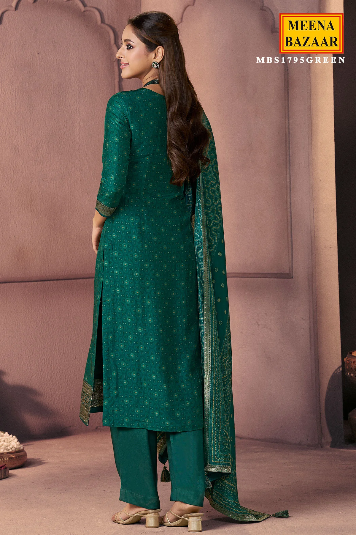 Green Silk Ready Made Suit with Neck Embroidery - Image 7