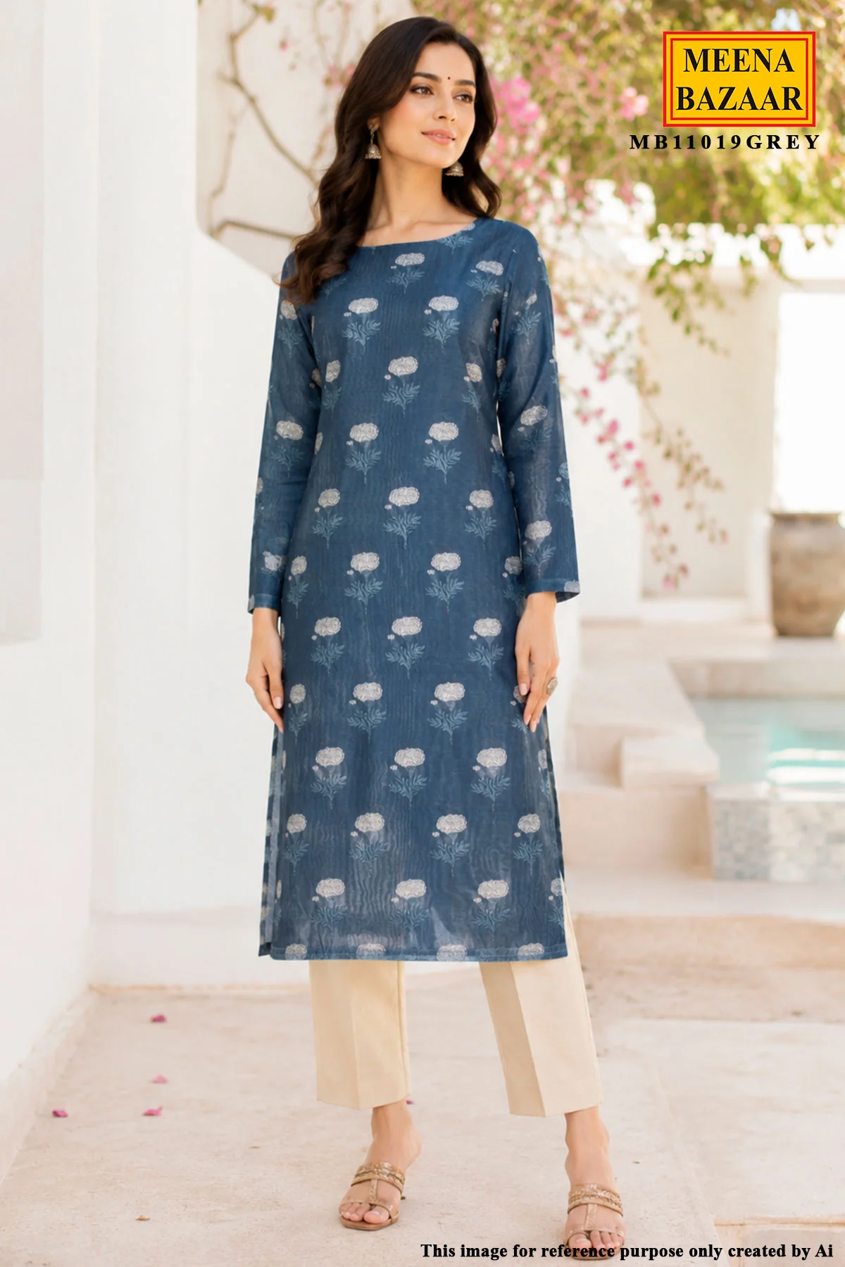 Navy with Grey Dupatta Chanderi Printed Unstitched Suit Set - Image 2