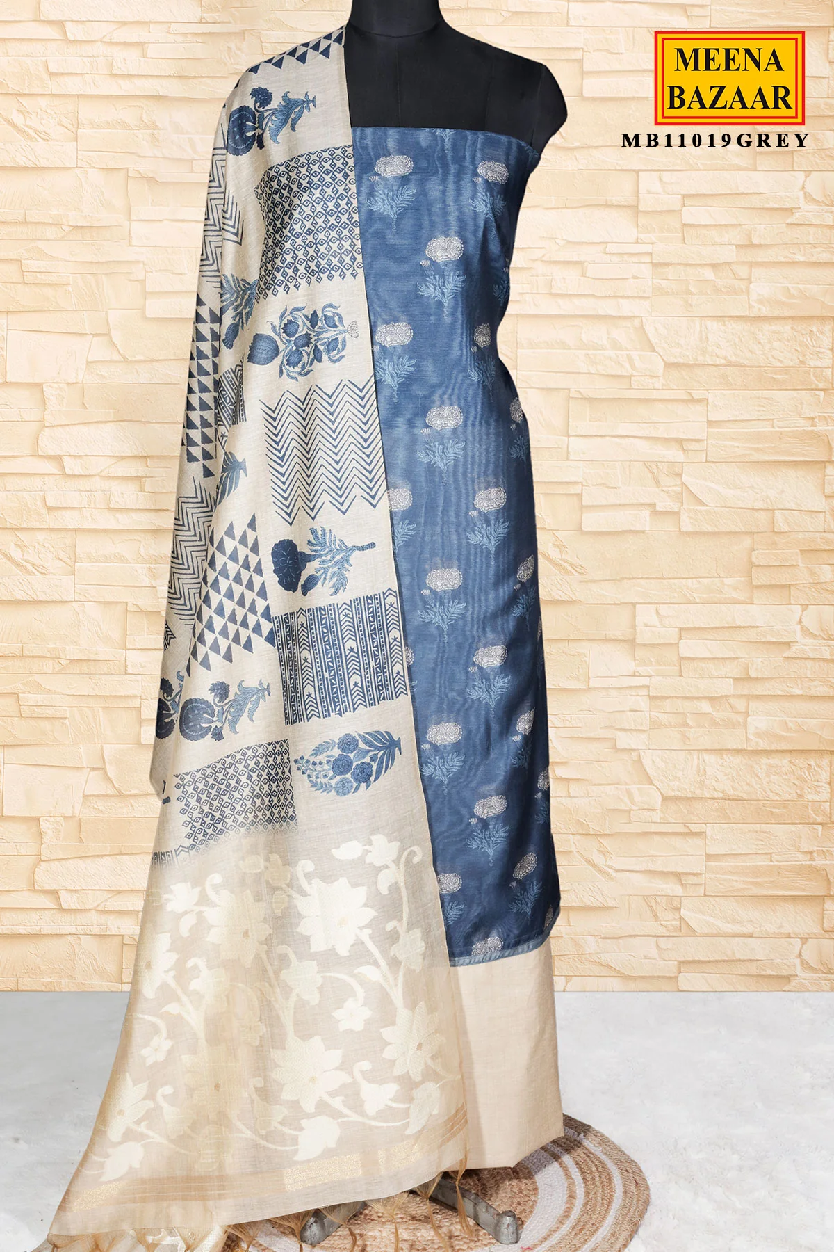 Navy with Grey Dupatta Chanderi Printed Unstitched Suit Set - Image 3