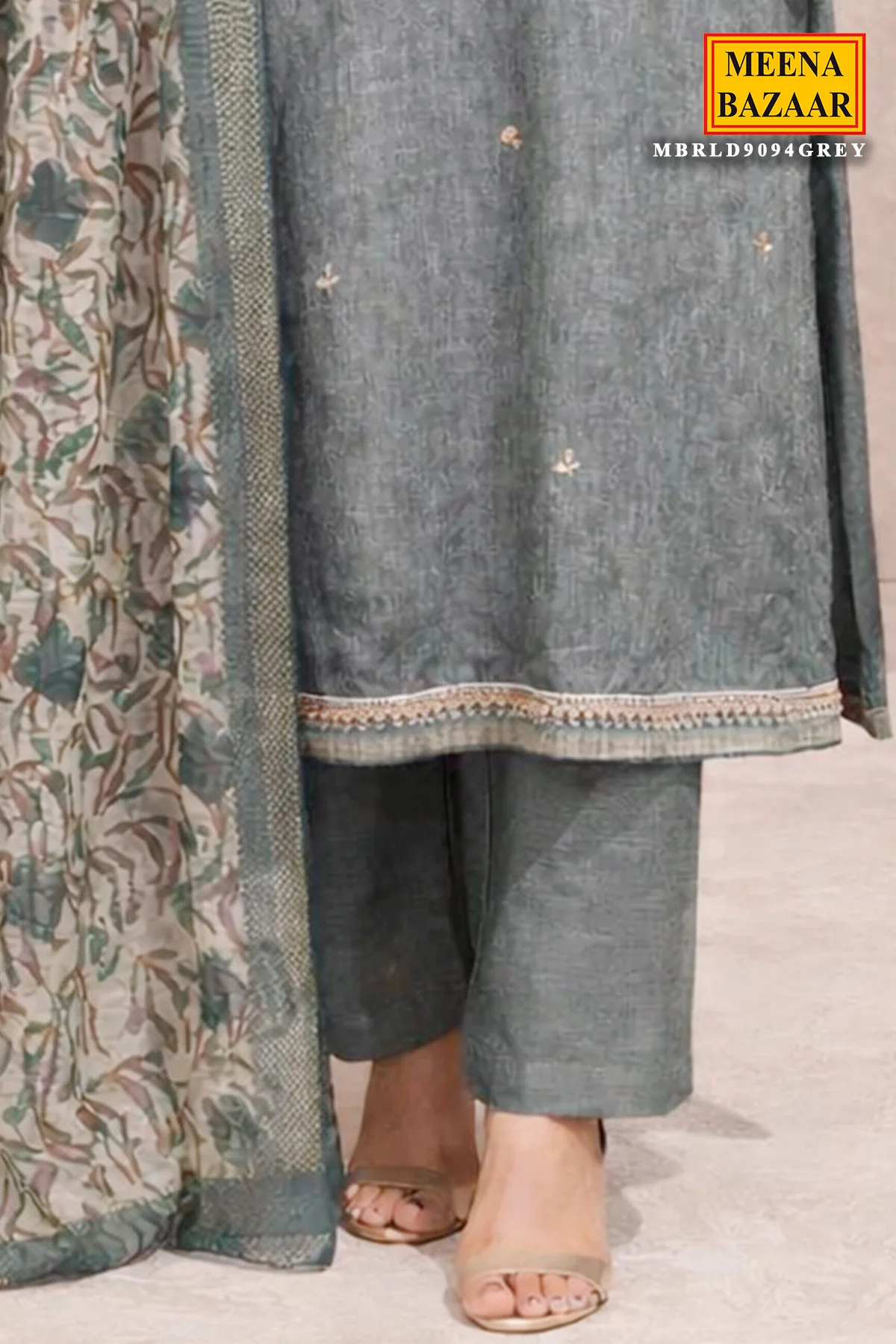 Grey Chanderi Unstitched Suit with Elegant Embroidery - Image 3