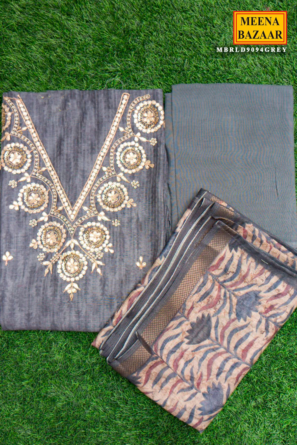 Grey Chanderi Unstitched Suit with Elegant Embroidery - Image 4