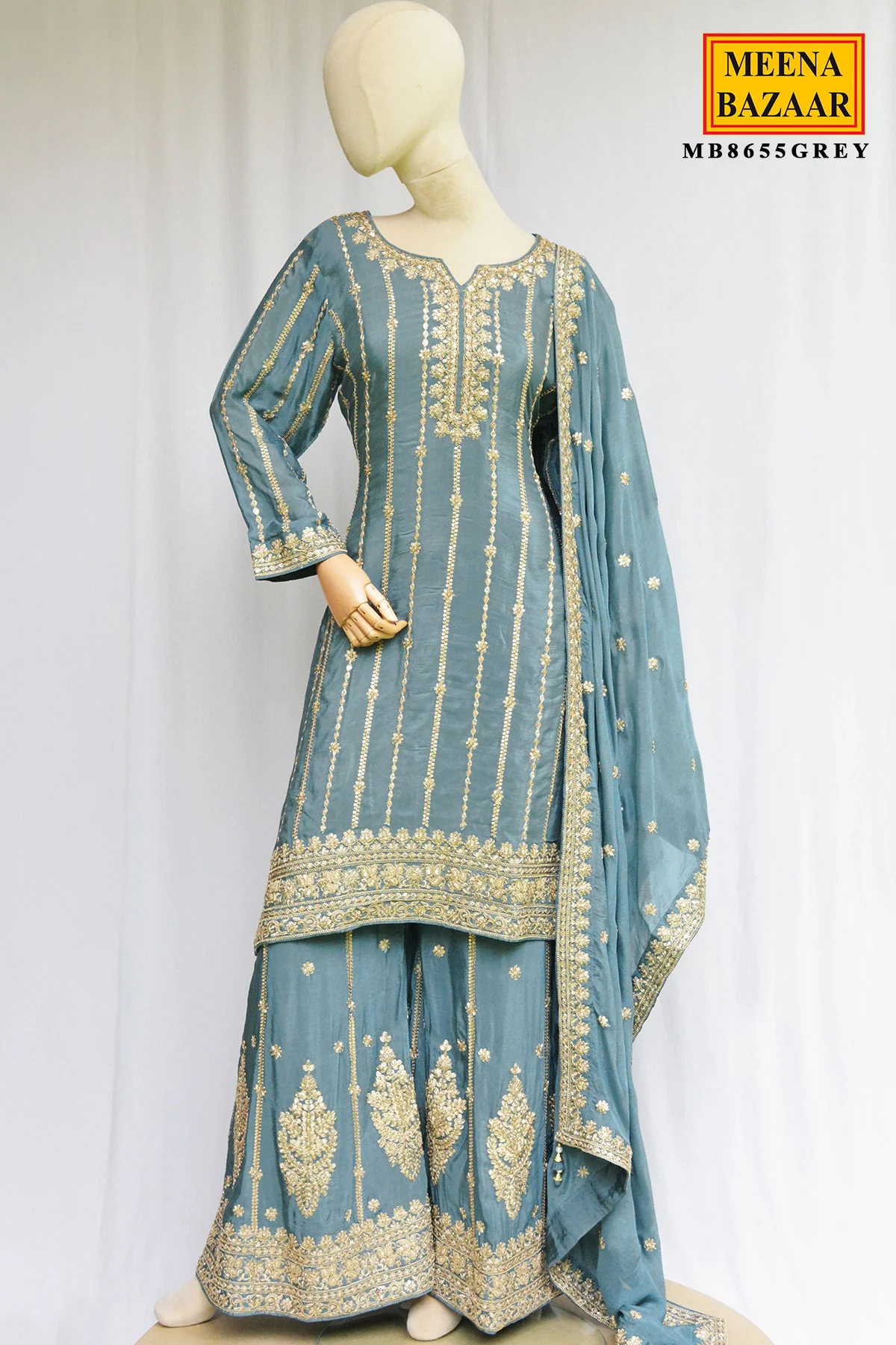 Grey Chinon Straight Suit with Embroidery - Image 2