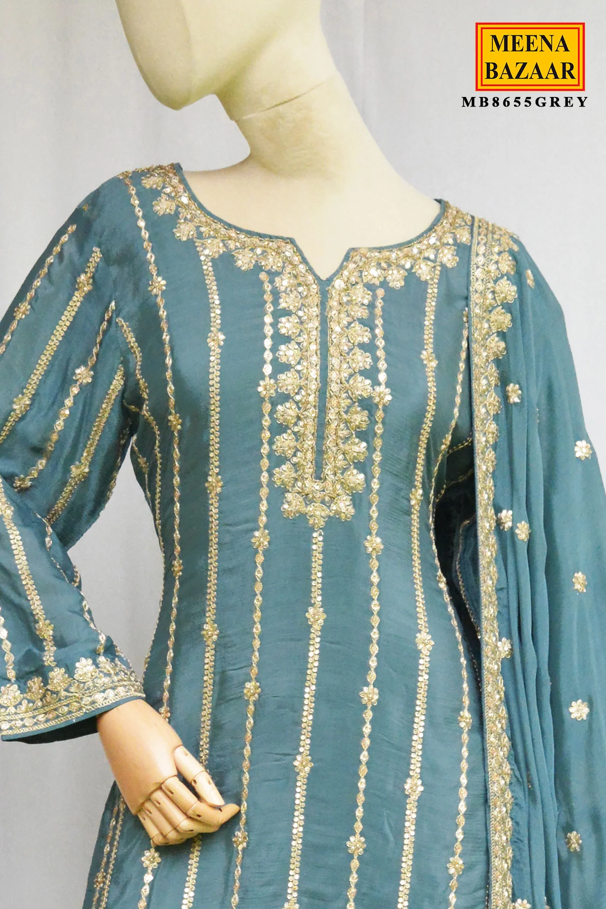 Grey Chinon Straight Suit with Embroidery - Image 3