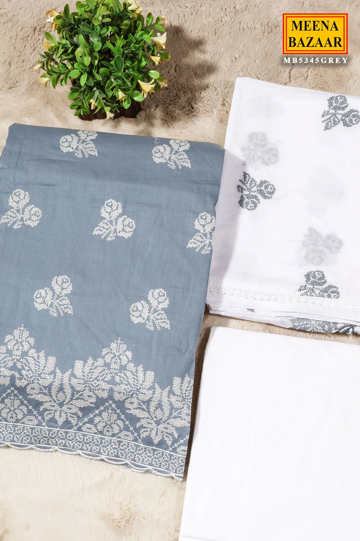 Grey Cotton Unstitched Suit with Embroidery Detail - Image 2