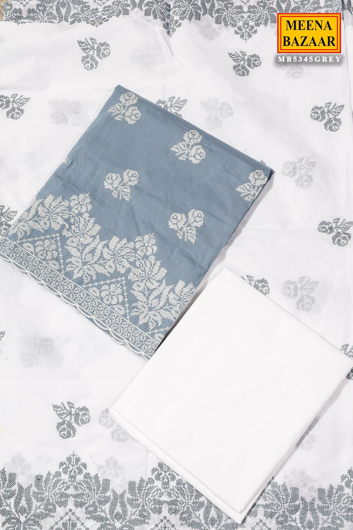 Grey Cotton Unstitched Suit with Embroidery Detail - Image 3