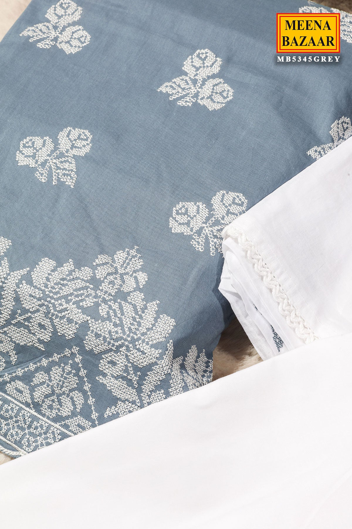 Grey Cotton Unstitched Suit with Embroidery Detail - Image 4