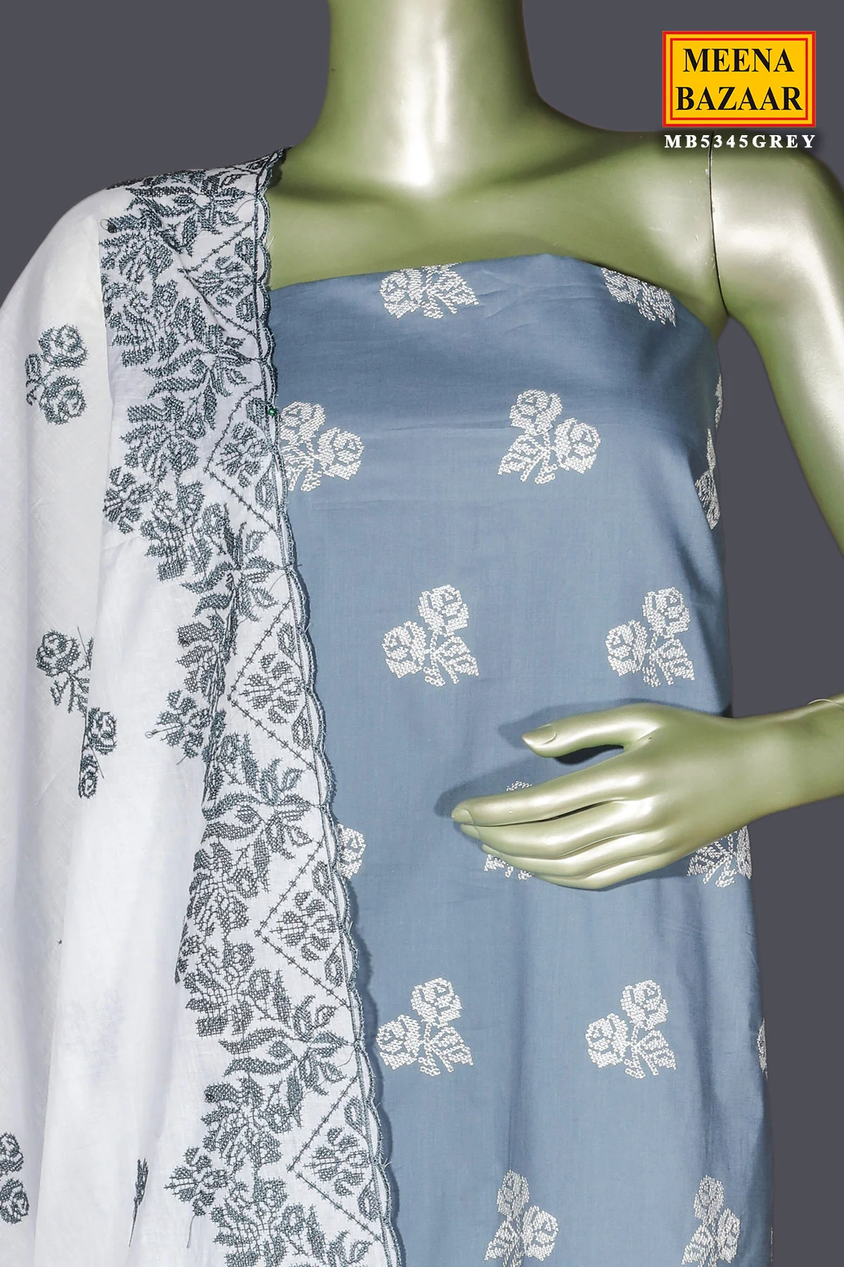Grey Cotton Unstitched Suit with Embroidery Detail - Image 7