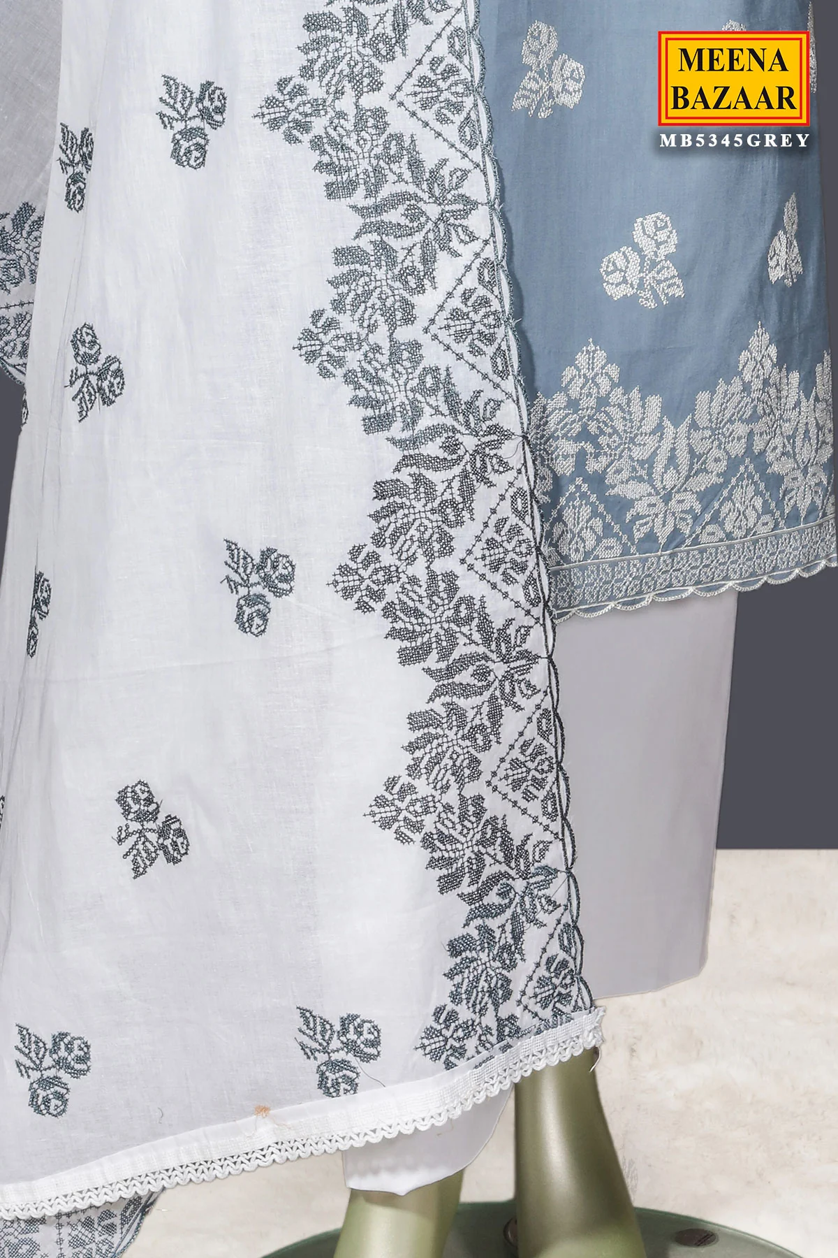 Grey Cotton Unstitched Suit with Embroidery Detail - Image 8