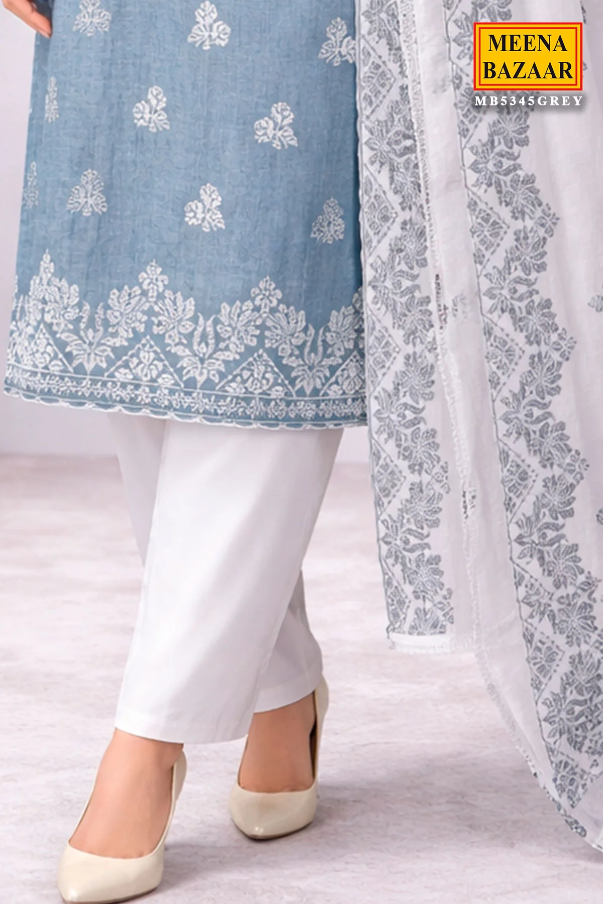 Grey Cotton Unstitched Suit with Embroidery Detail - Image 9