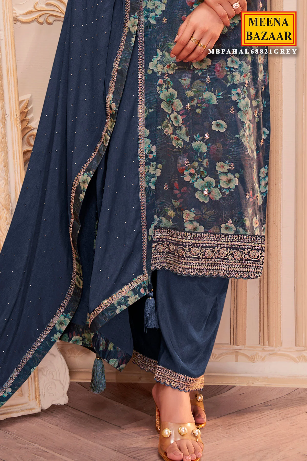 Grey Crepe Embroidered Unstitched Suit Set - Image 3