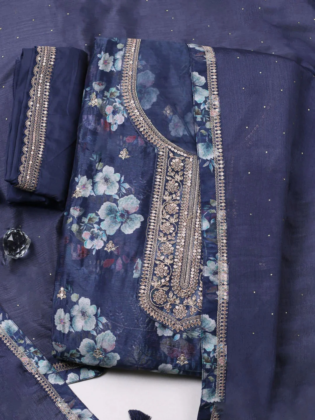Grey Crepe Embroidered Unstitched Suit Set - Image 4