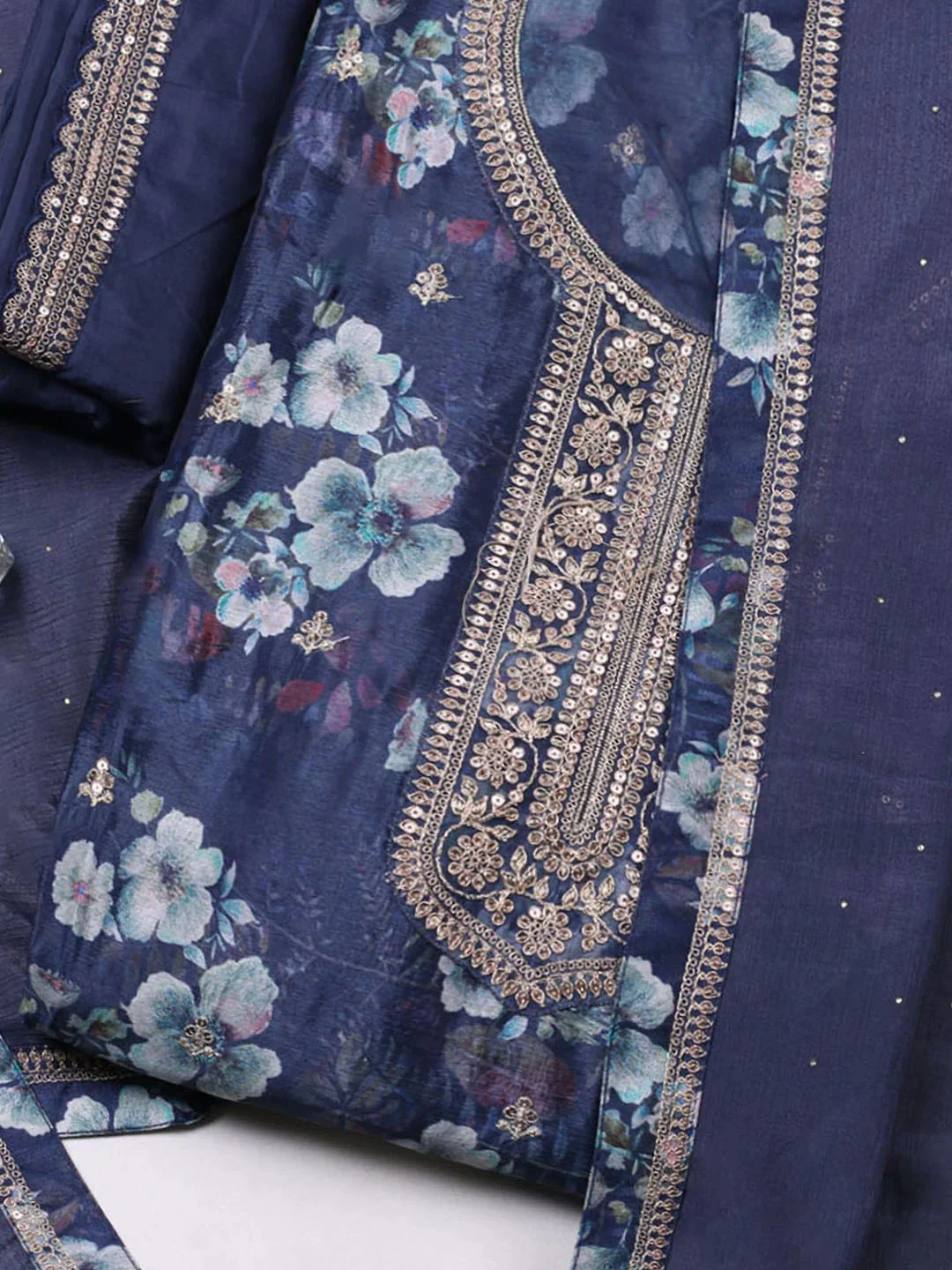 Grey Crepe Embroidered Unstitched Suit Set - Image 5