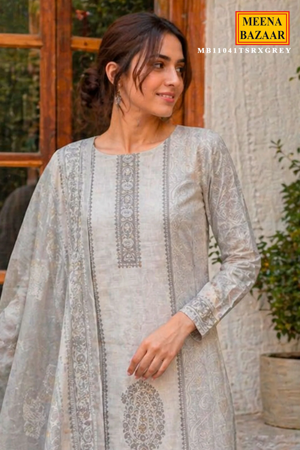Elegant Grey Printed Summer Kurta Set with Dupatta - Image 2