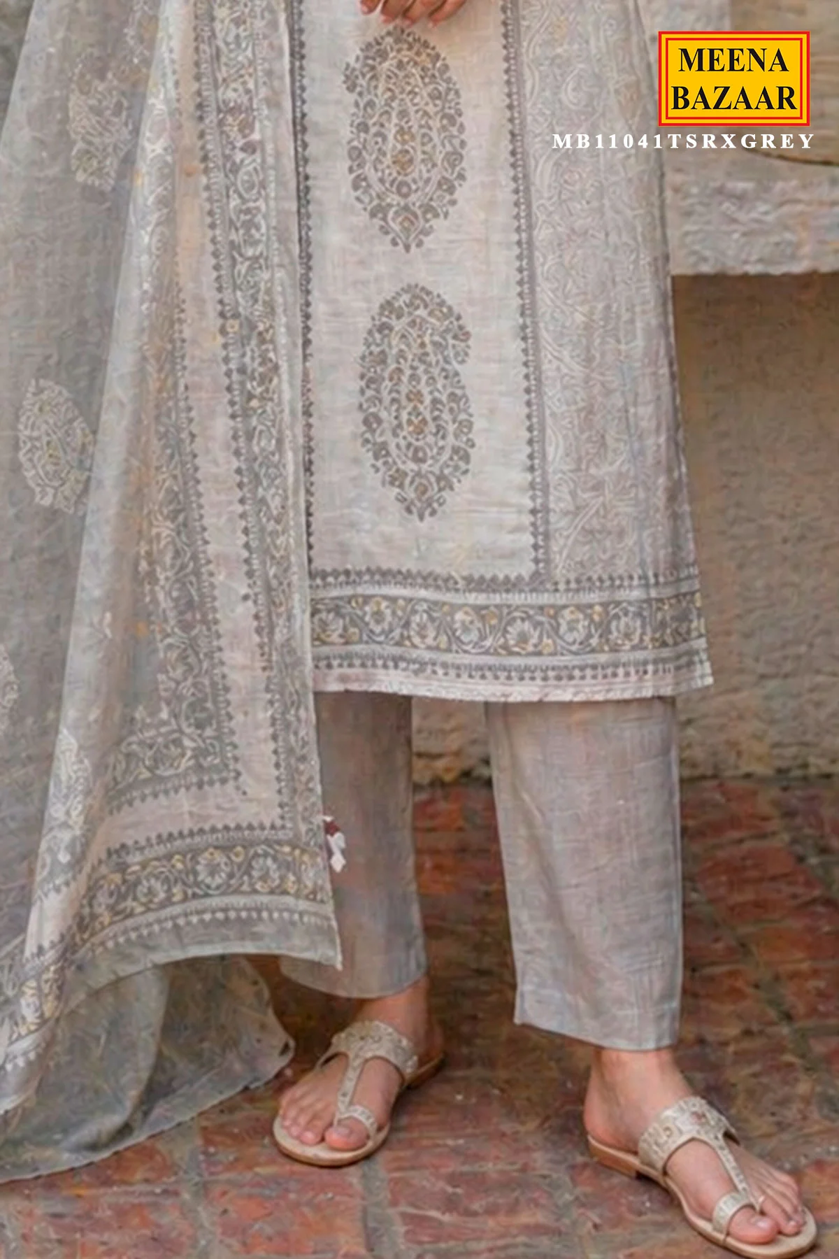 Elegant Grey Printed Summer Kurta Set with Dupatta - Image 3