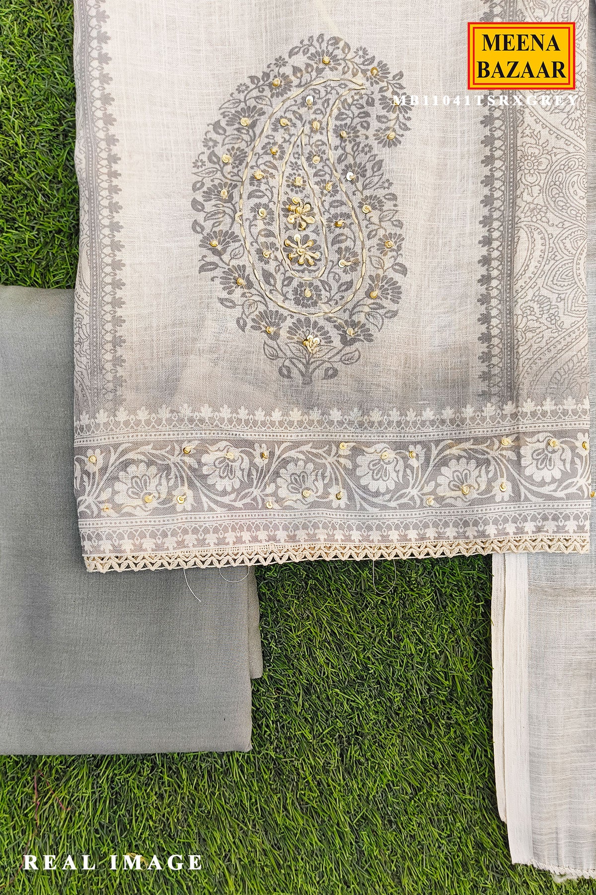 Elegant Grey Printed Summer Kurta Set with Dupatta - Image 6