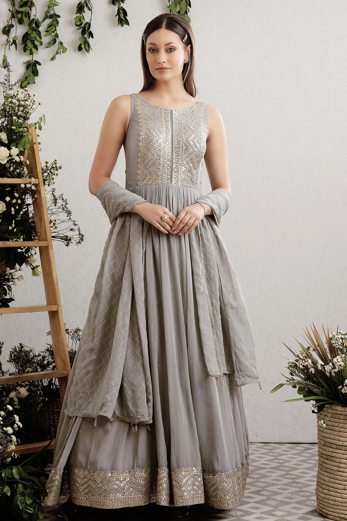 Grey Embroidered Georgette Anarkali Suit
