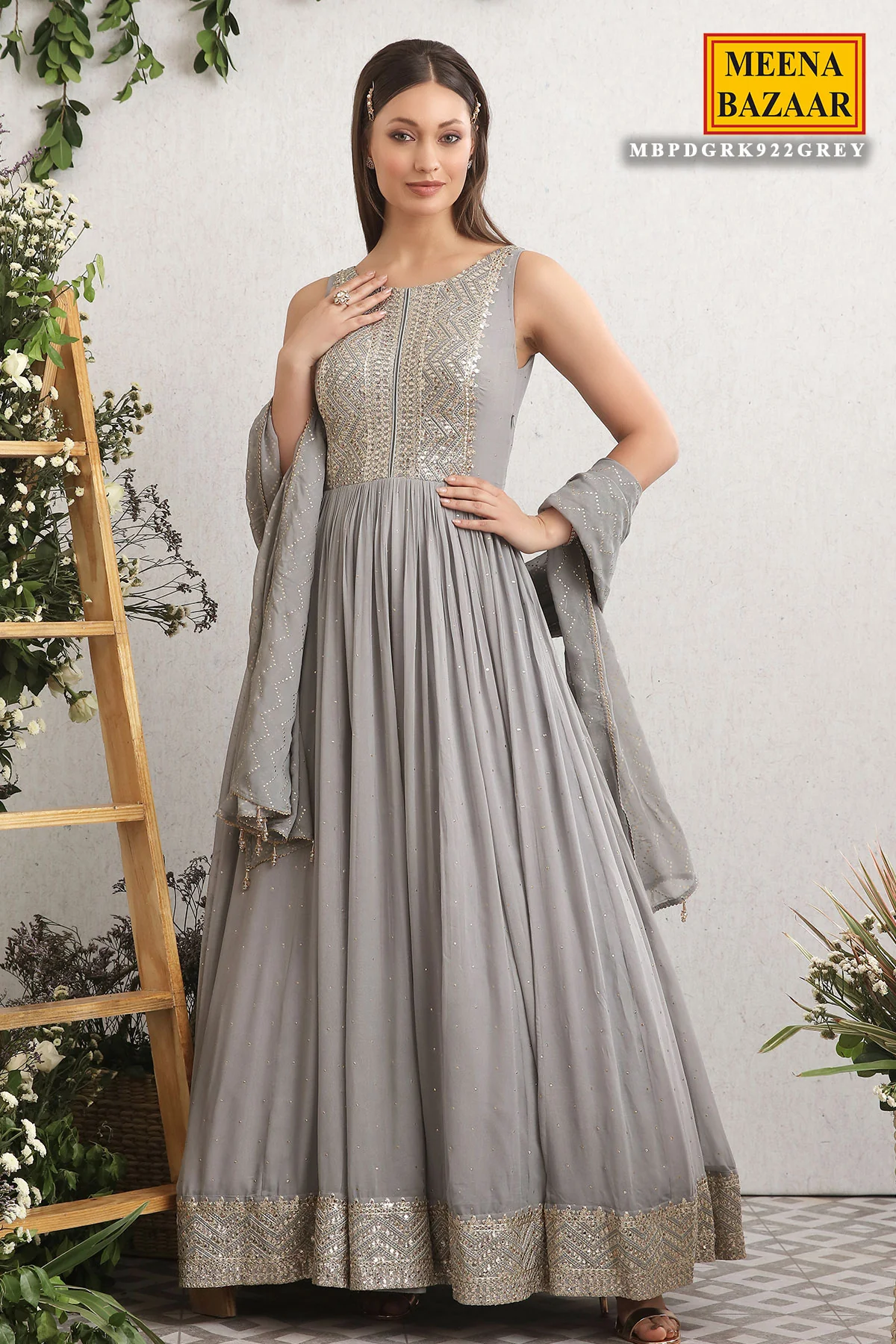 Grey Embroidered Georgette Anarkali Suit - Image 3