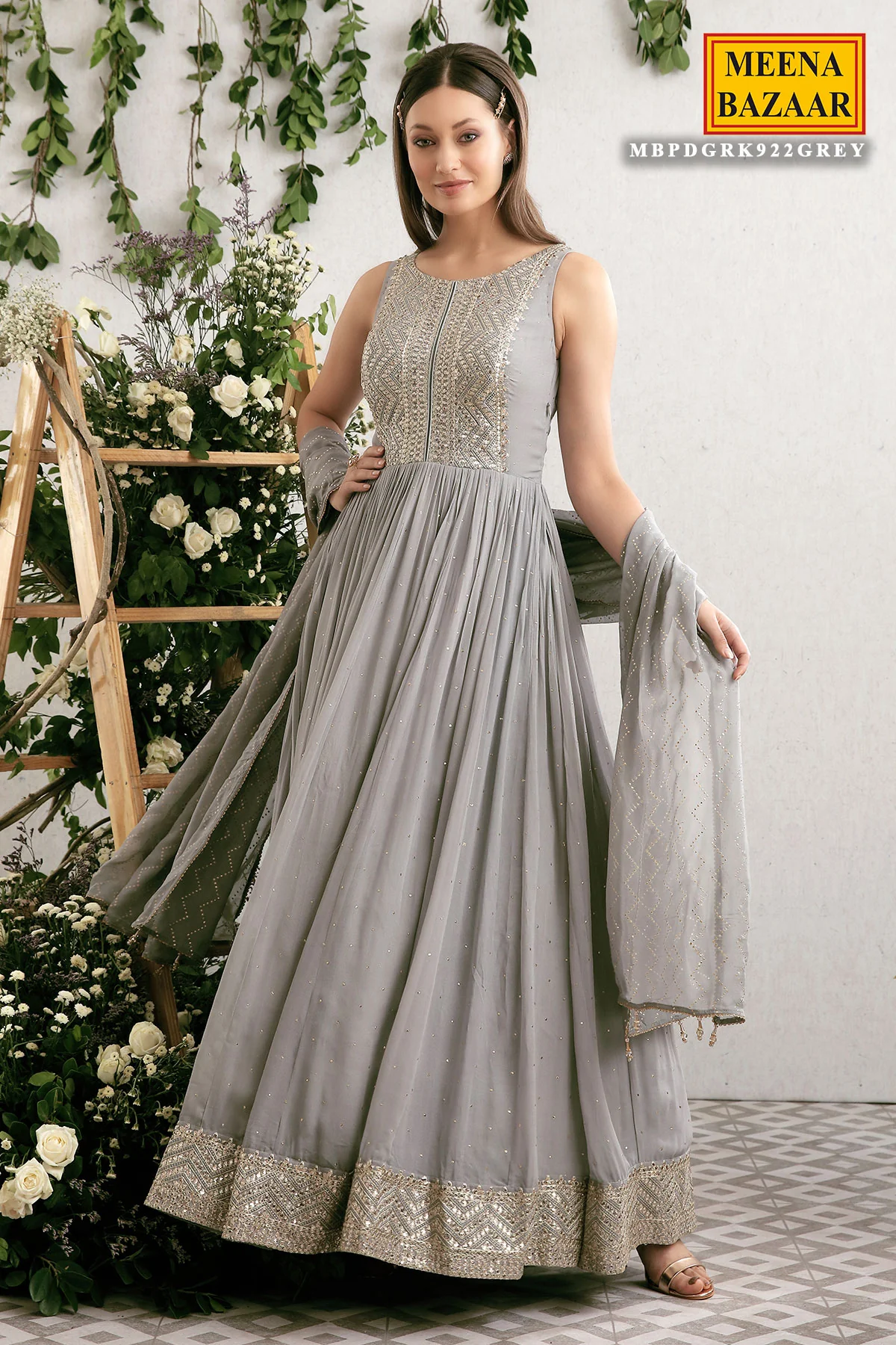 Grey Embroidered Georgette Anarkali Suit - Image 4