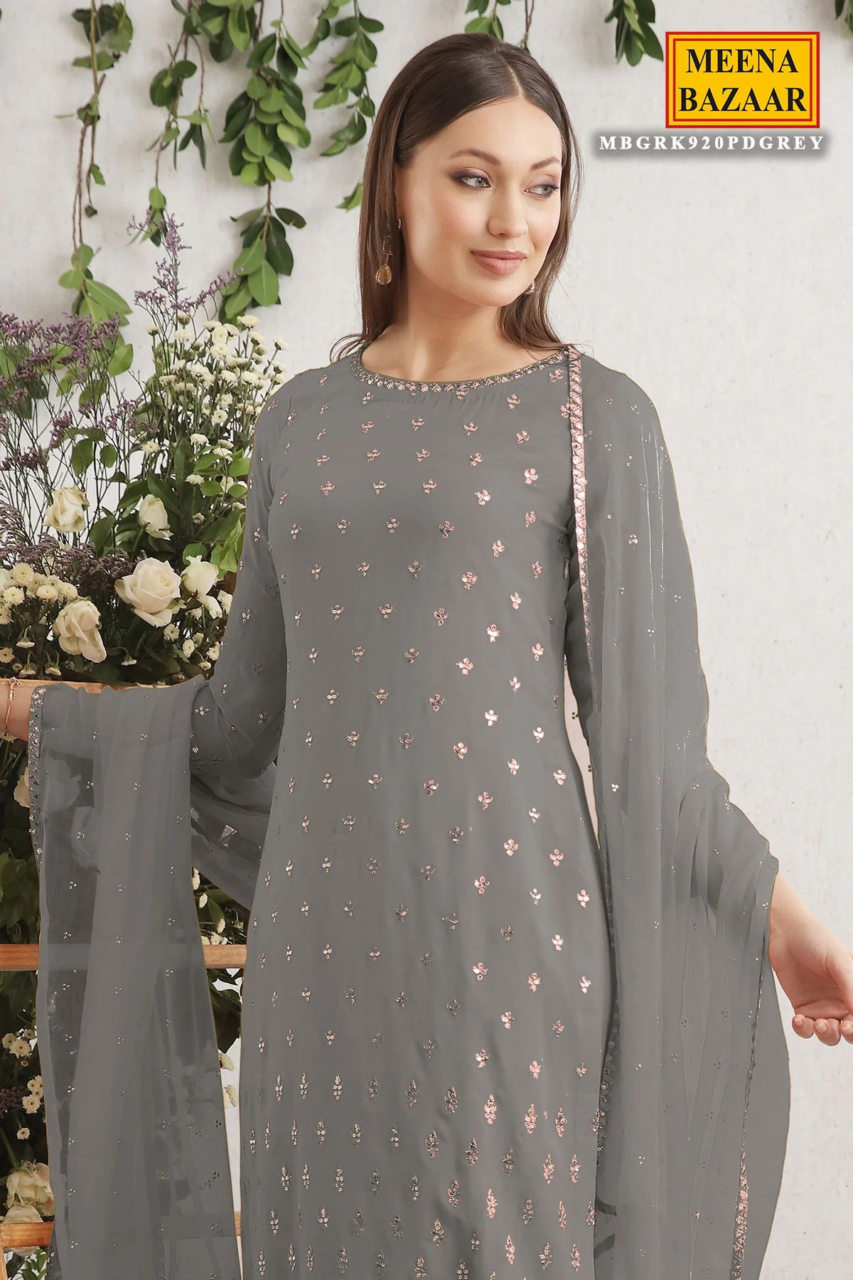 Grey Embroidered Georgette Unstitched Suit - Image 3