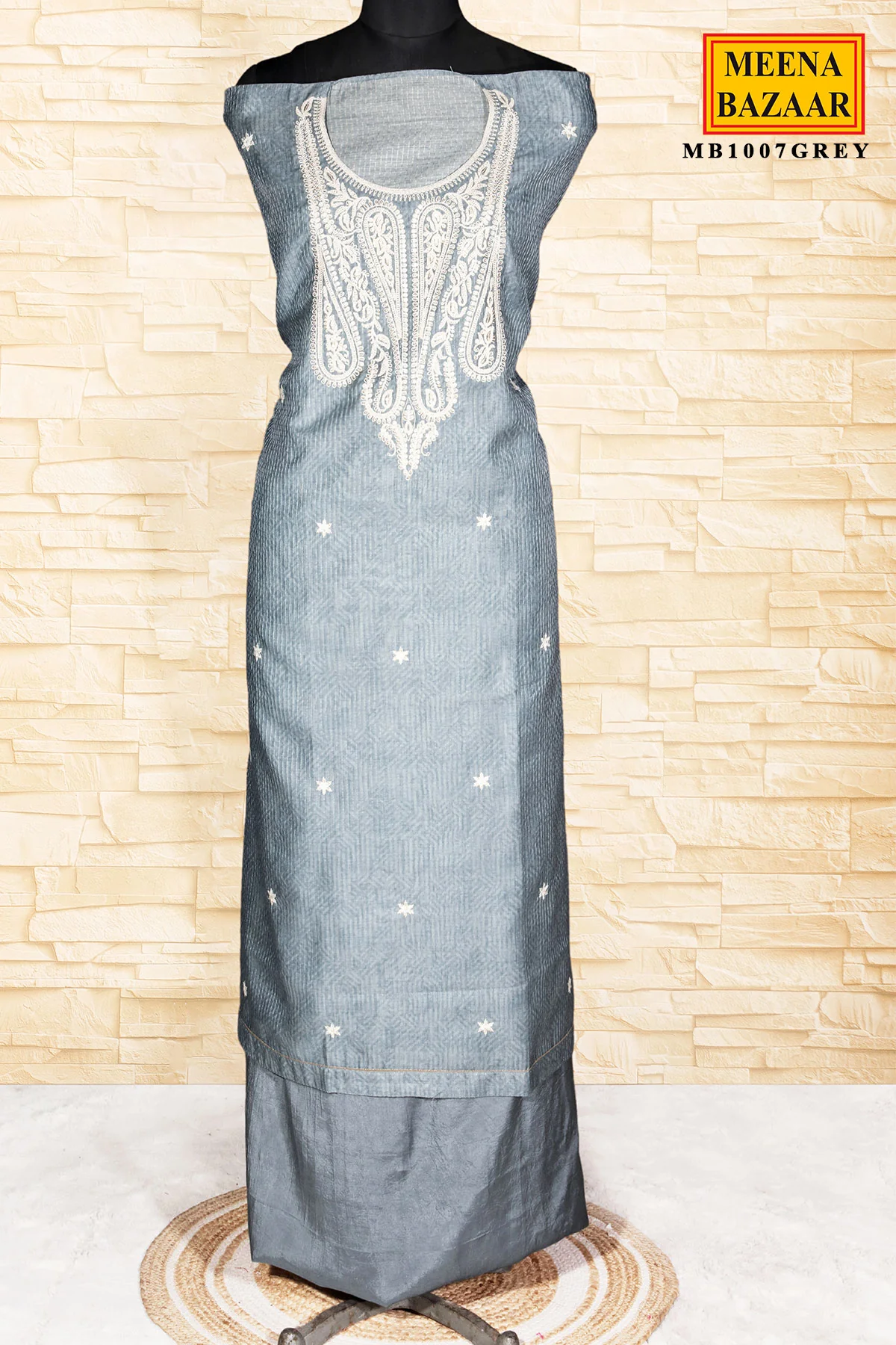Grey Embroidered Kota Unstitched Suit With Elegant Printed Dupatta - Image 2