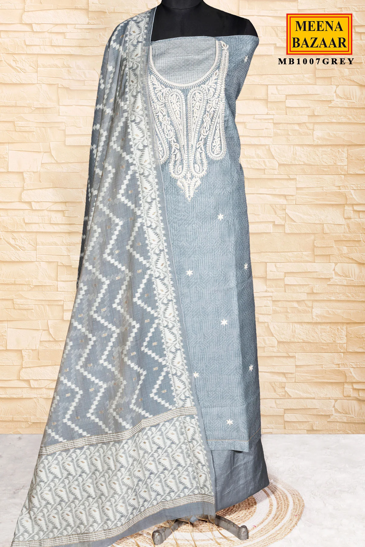 Grey Embroidered Kota Unstitched Suit With Elegant Printed Dupatta - Image 3