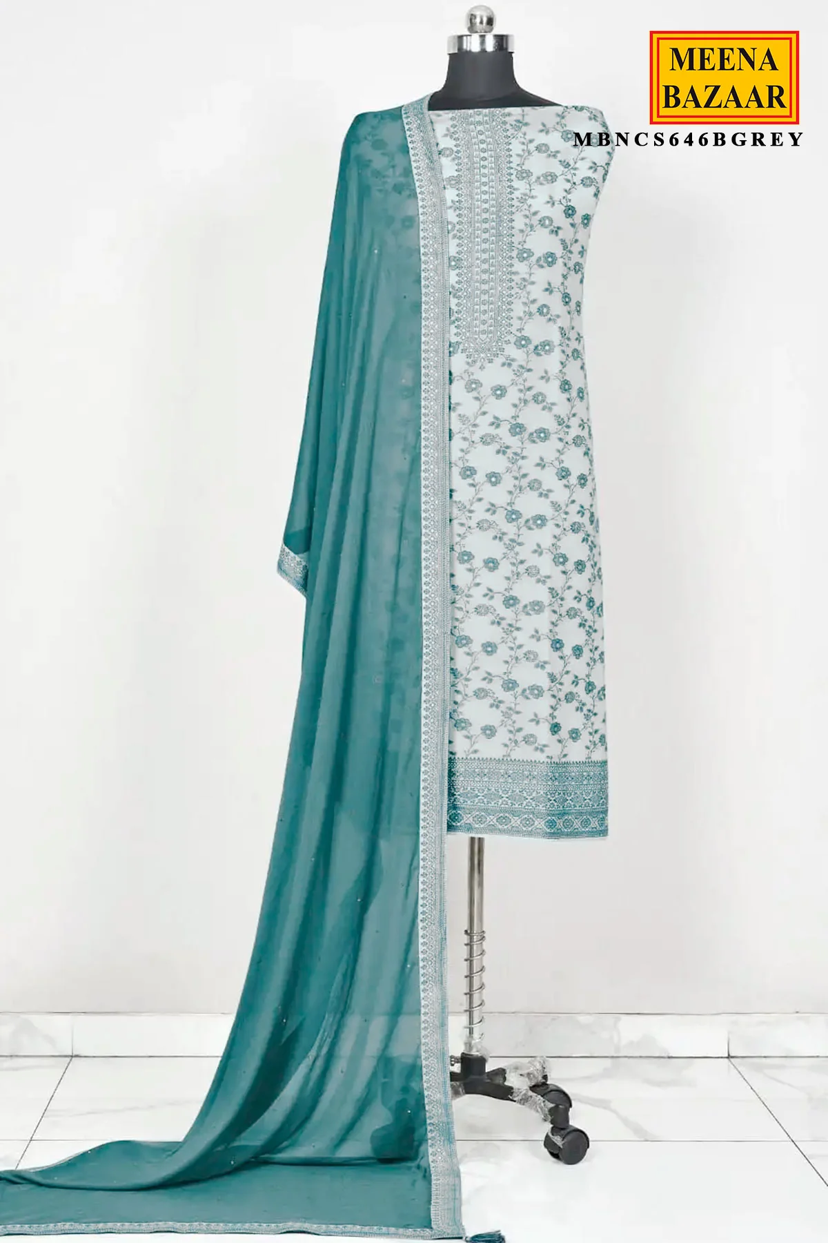 Grey Embroidered Silk Unstitched Suit Set with Dupatta for Women - Image 2