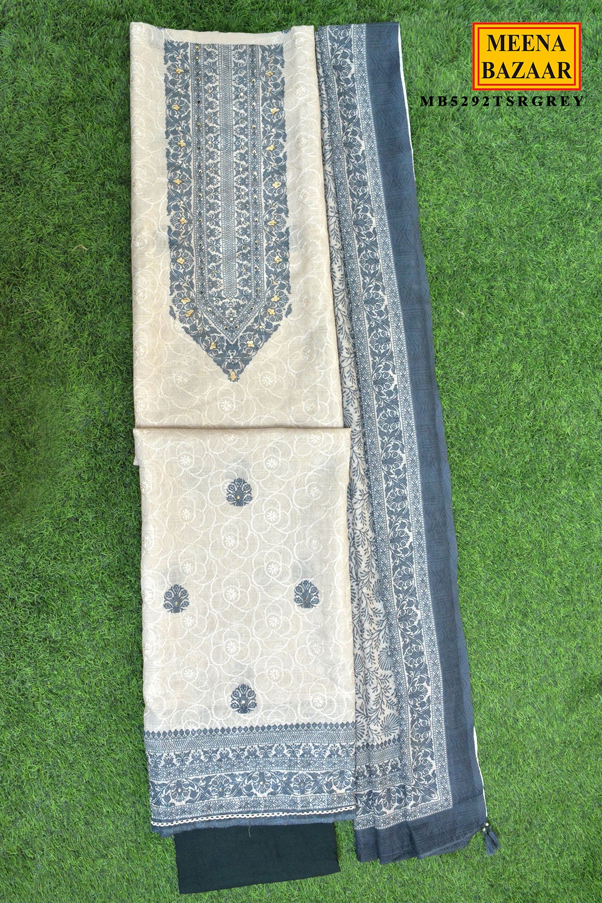 Grey Embroidered Suit Set with Dupatta - Image 2