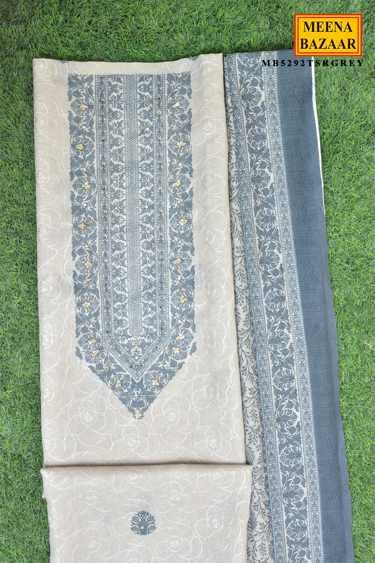 Grey Embroidered Suit Set with Dupatta - Image 3
