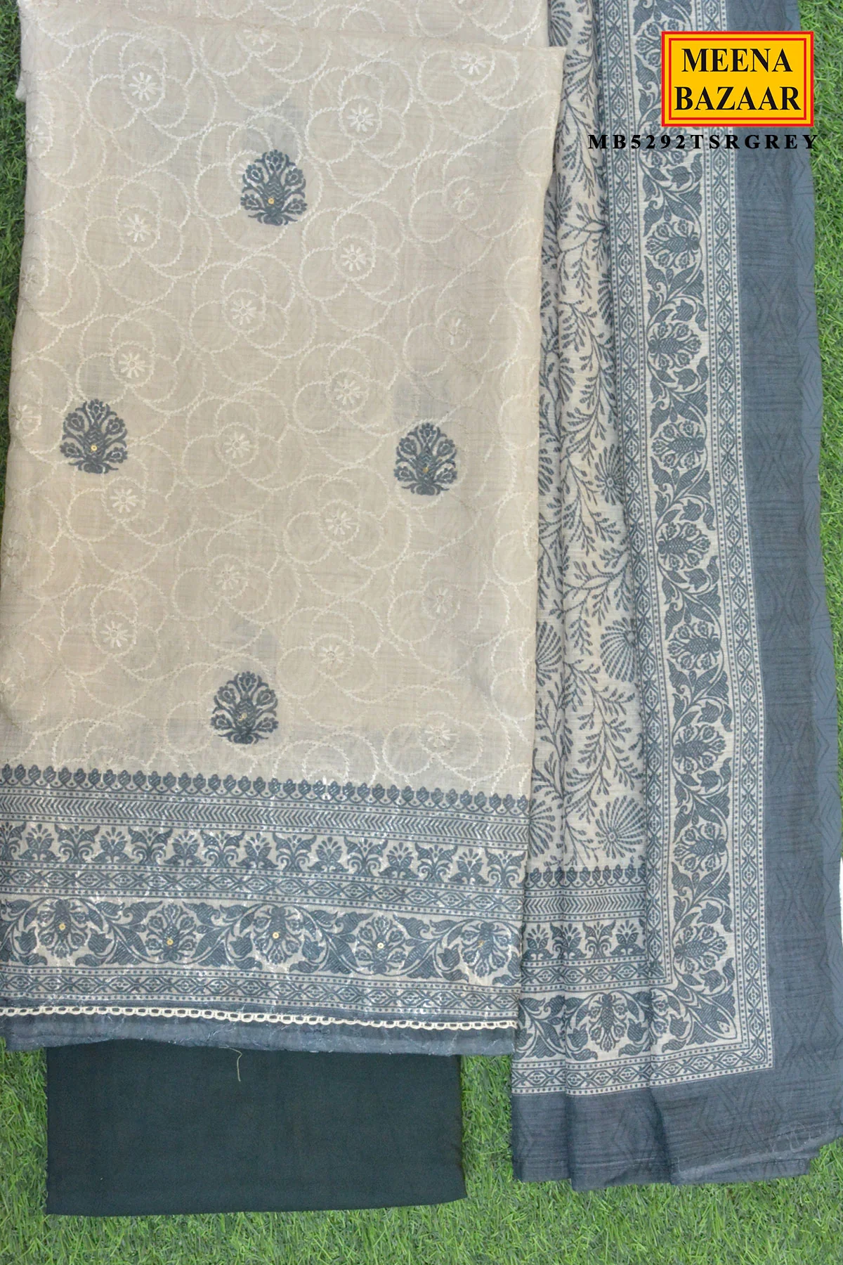 Grey Embroidered Suit Set with Dupatta - Image 4