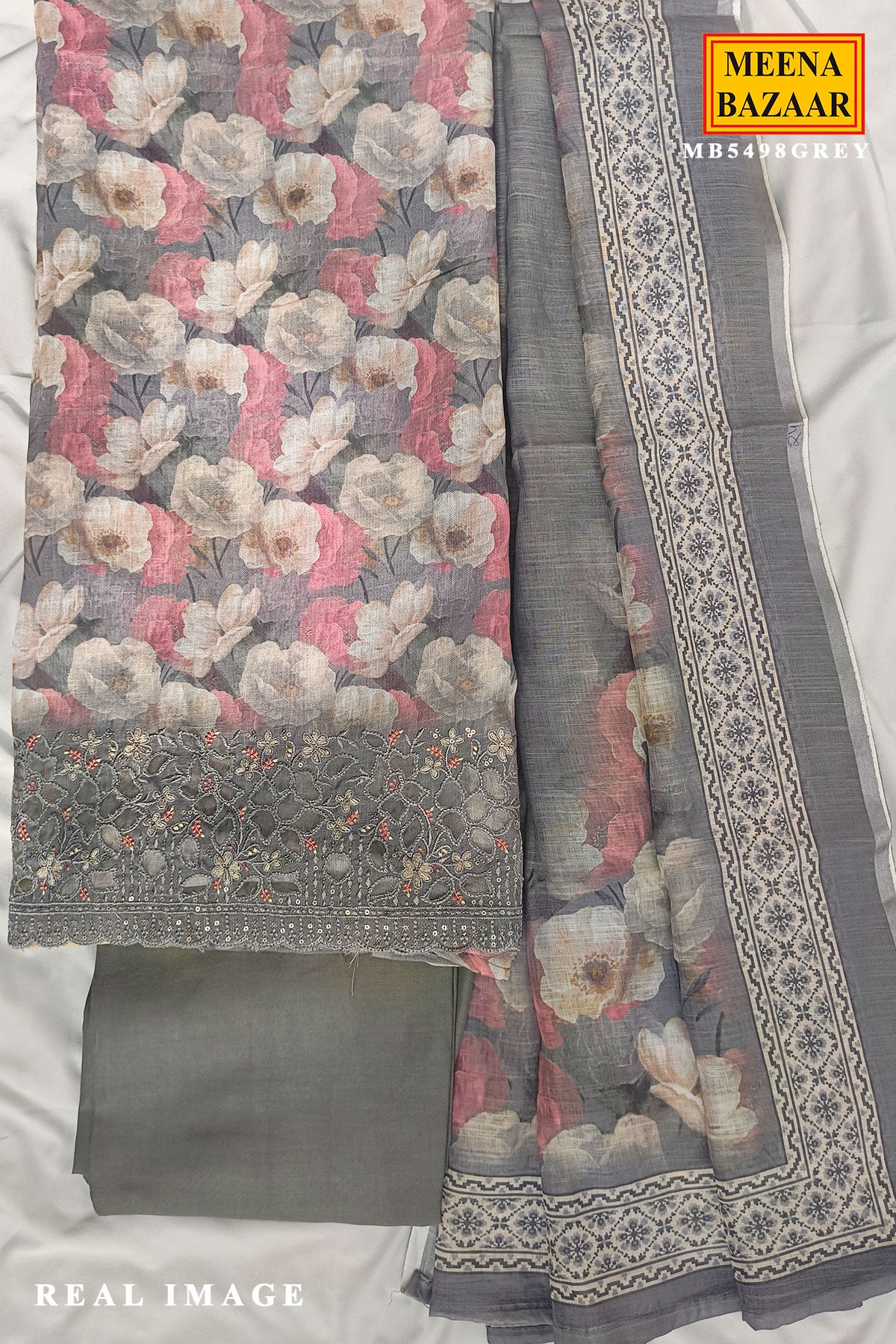 Grey Floral Printed Cotton Unstitched Suit Set with Sheer Dupatta for Women - Image 3
