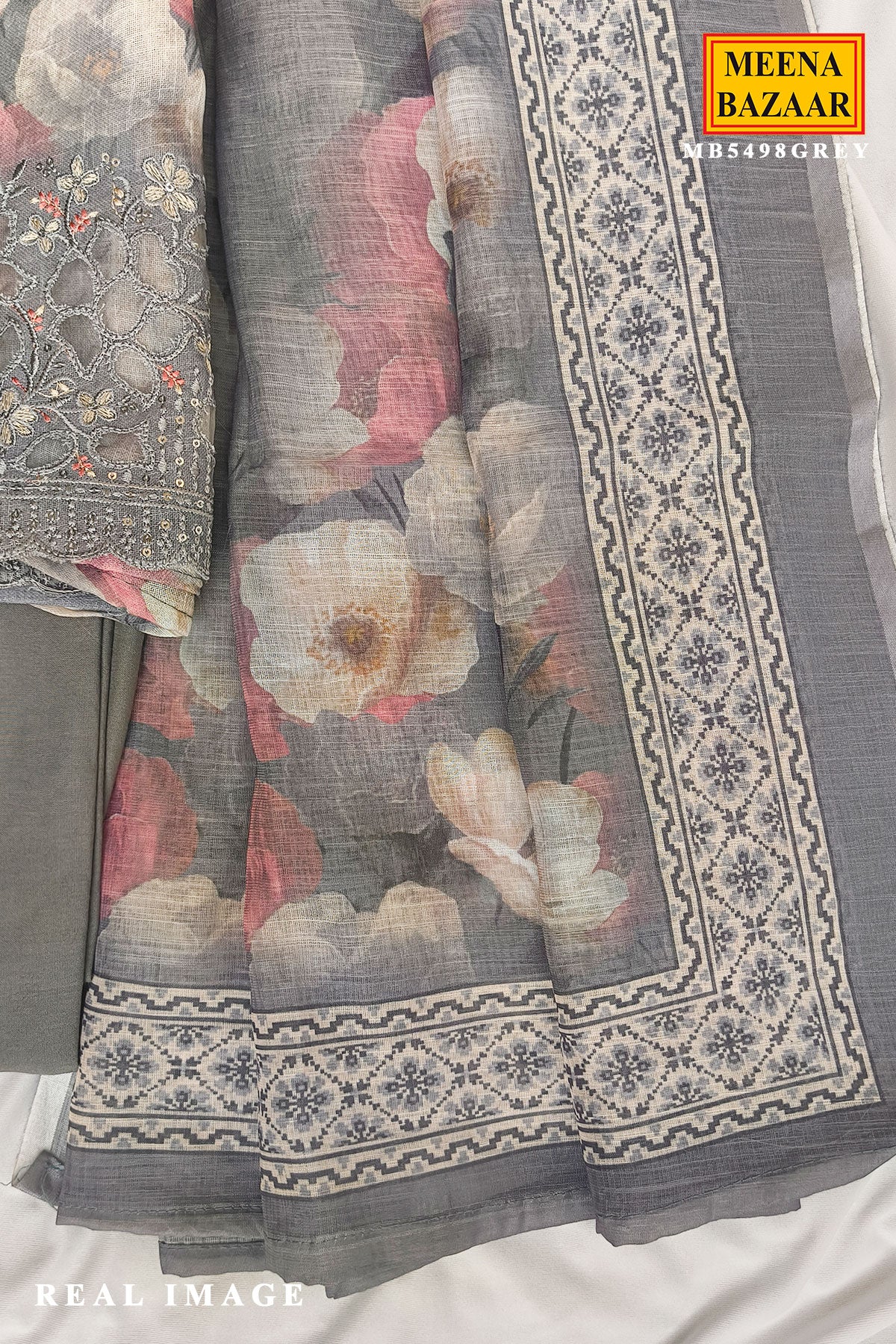 Grey Floral Printed Cotton Unstitched Suit Set with Sheer Dupatta for Women - Image 4