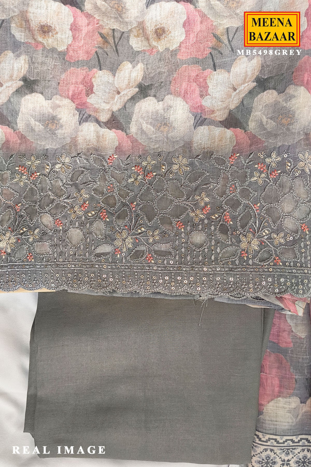 Grey Floral Printed Cotton Unstitched Suit Set with Sheer Dupatta for Women - Image 5