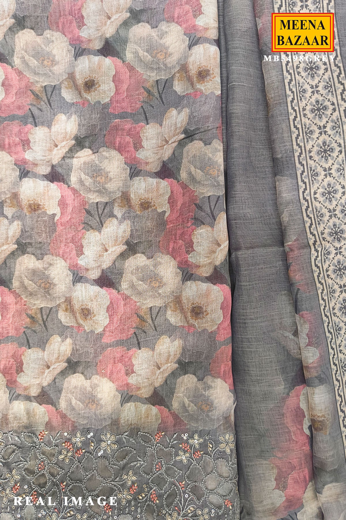 Grey Floral Printed Cotton Unstitched Suit Set with Sheer Dupatta for Women - Image 6