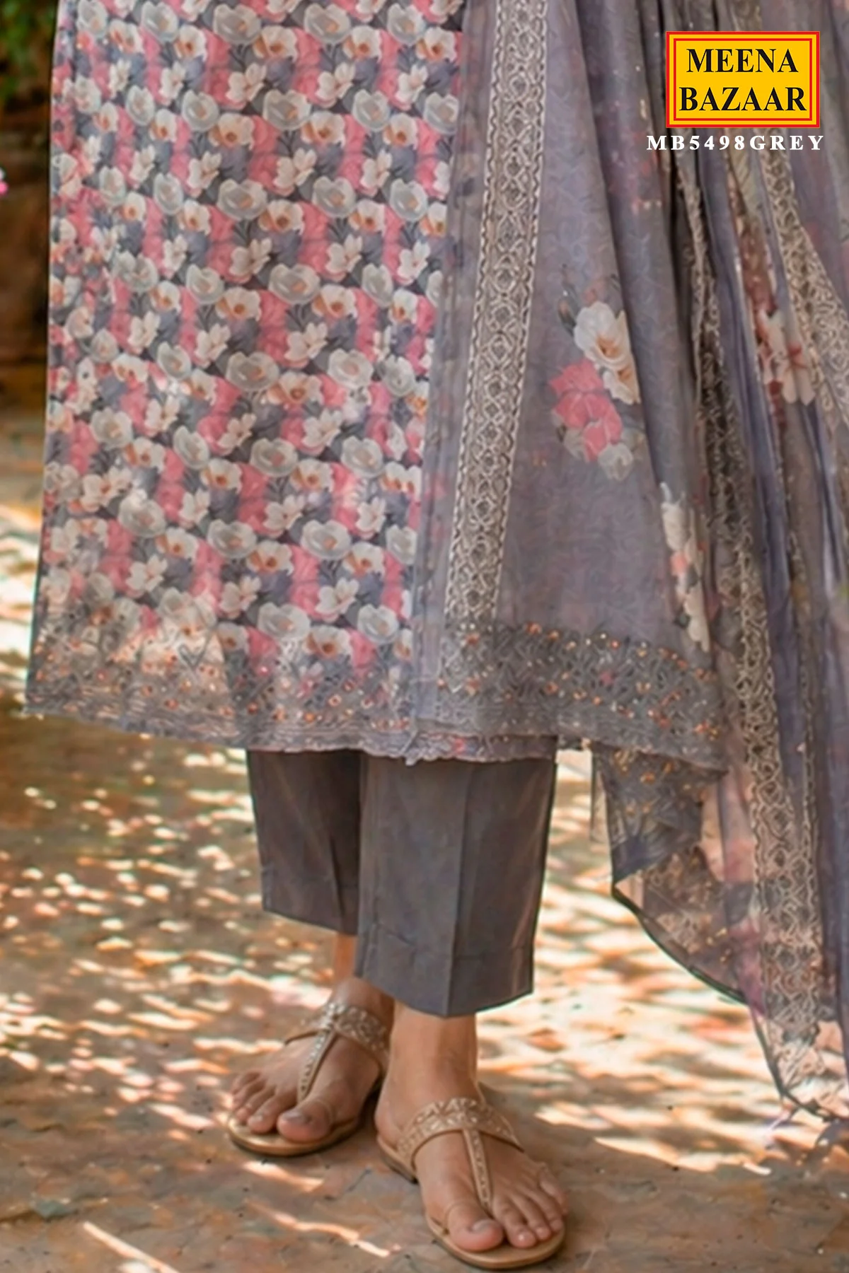 Grey Floral Printed Cotton Unstitched Suit Set with Sheer Dupatta for Women - Image 7