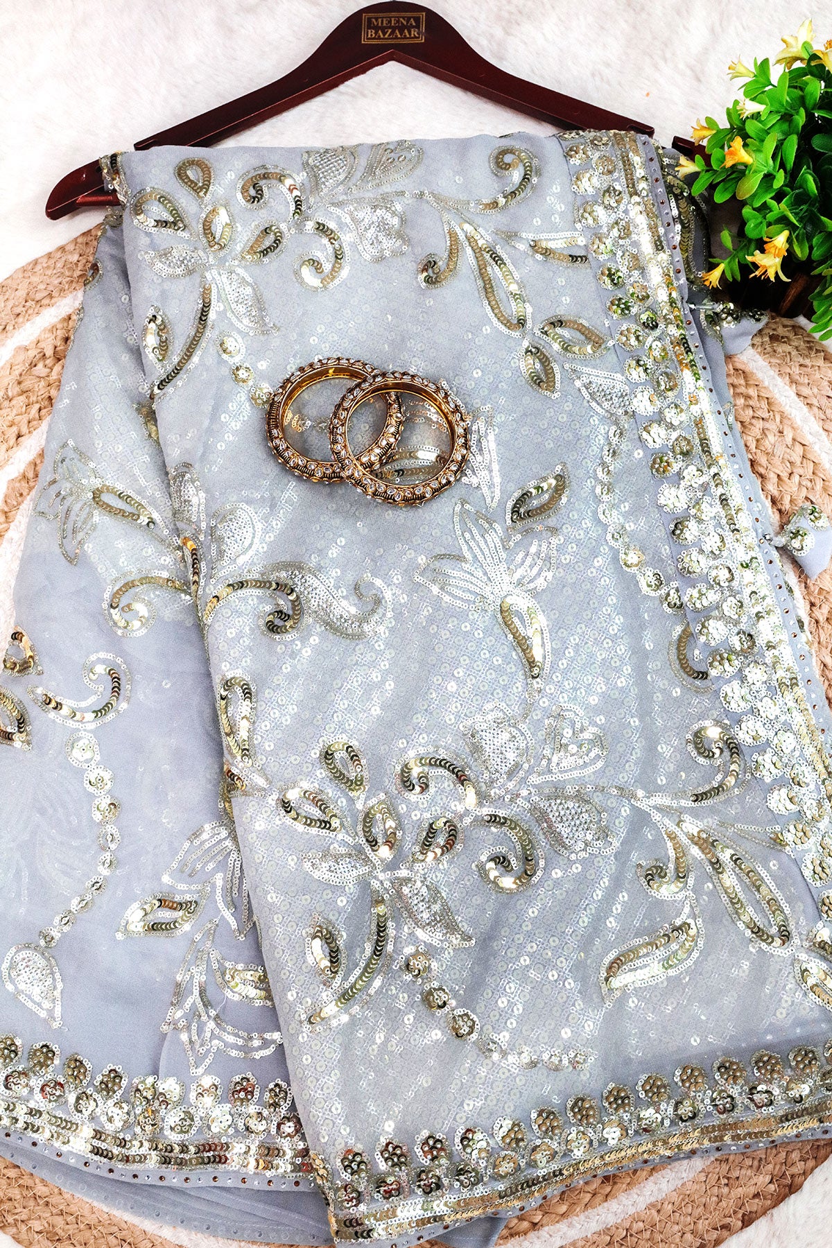 Grey Floral Sequin Embroidered Georgette Saree - Image 2