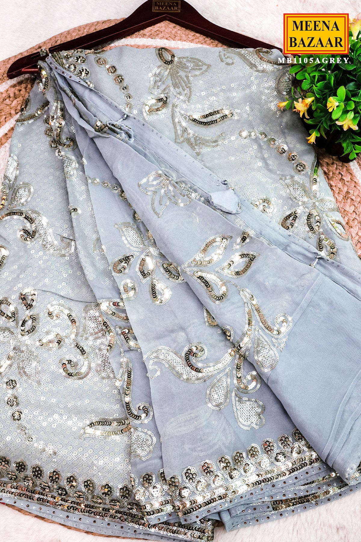 Grey Floral Sequin Embroidered Georgette Saree - Image 3