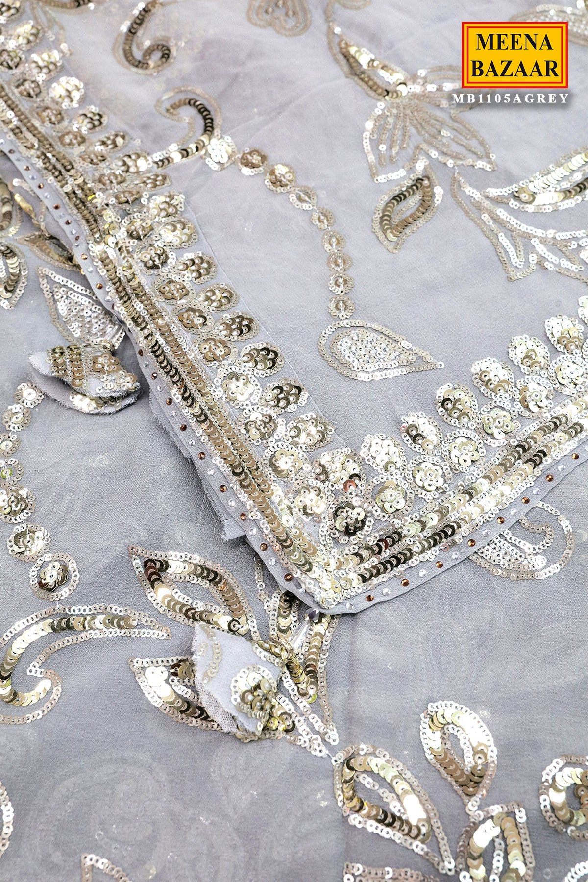 Grey Floral Sequin Embroidered Georgette Saree - Image 4