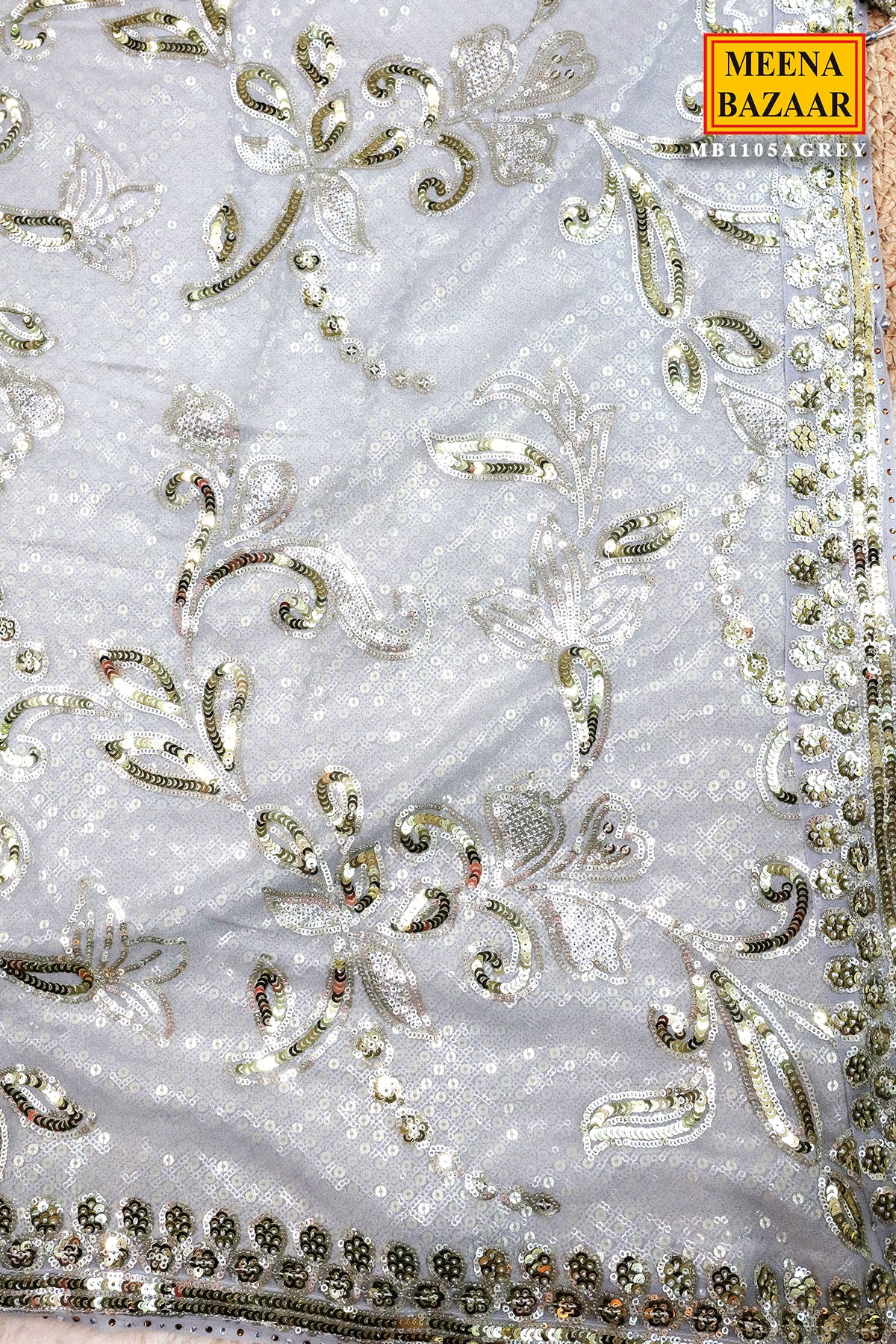 Grey Floral Sequin Embroidered Georgette Saree - Image 5