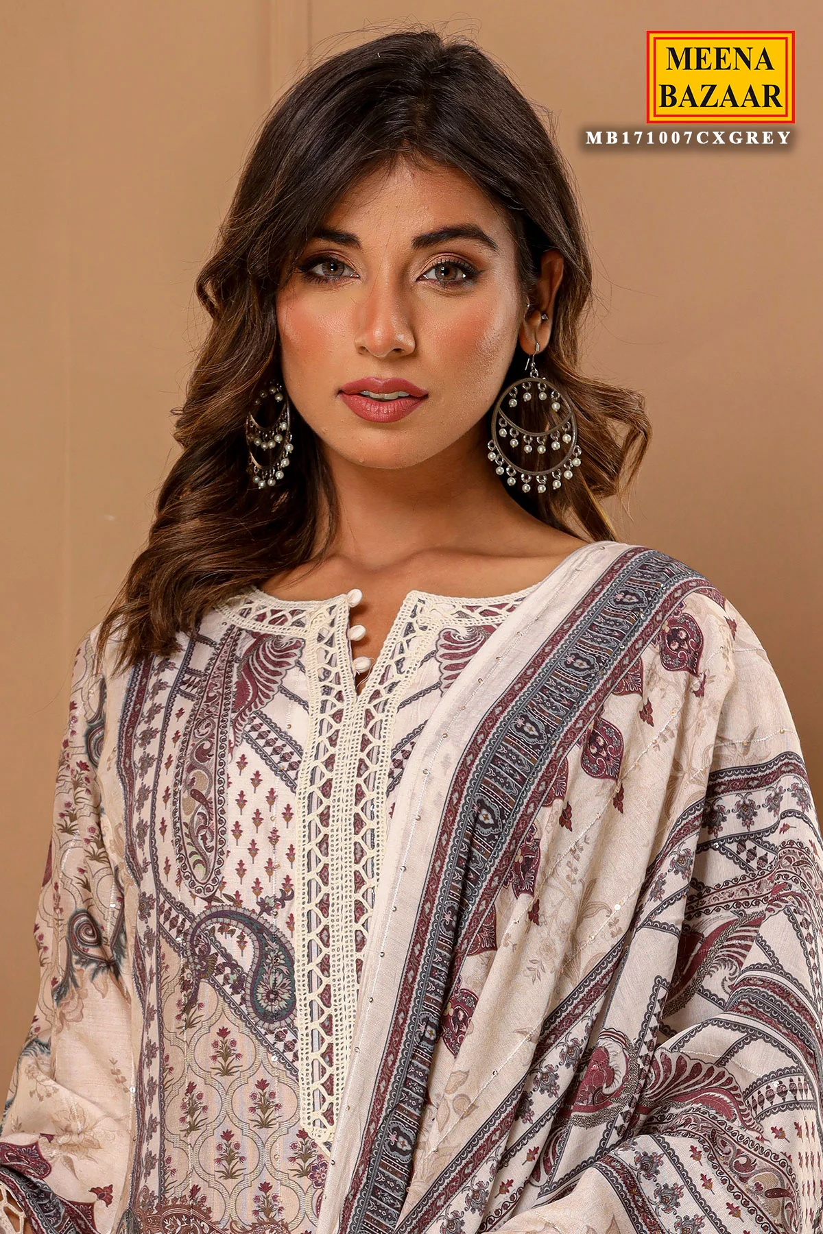 Grey Maslin Ready Made Suit with Elegant Neck Embroidery - Image 10