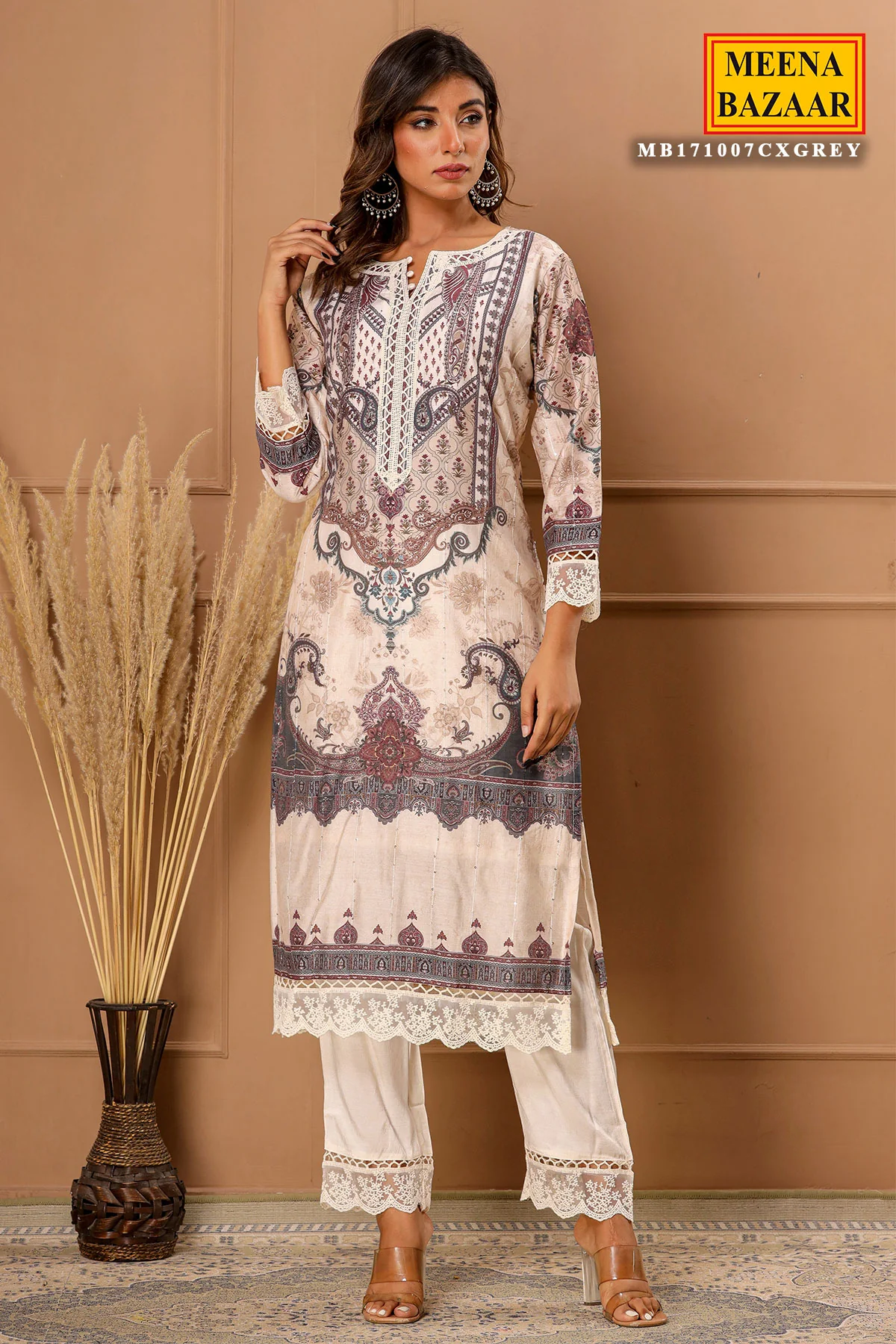 Grey Maslin Ready Made Suit with Elegant Neck Embroidery - Image 5